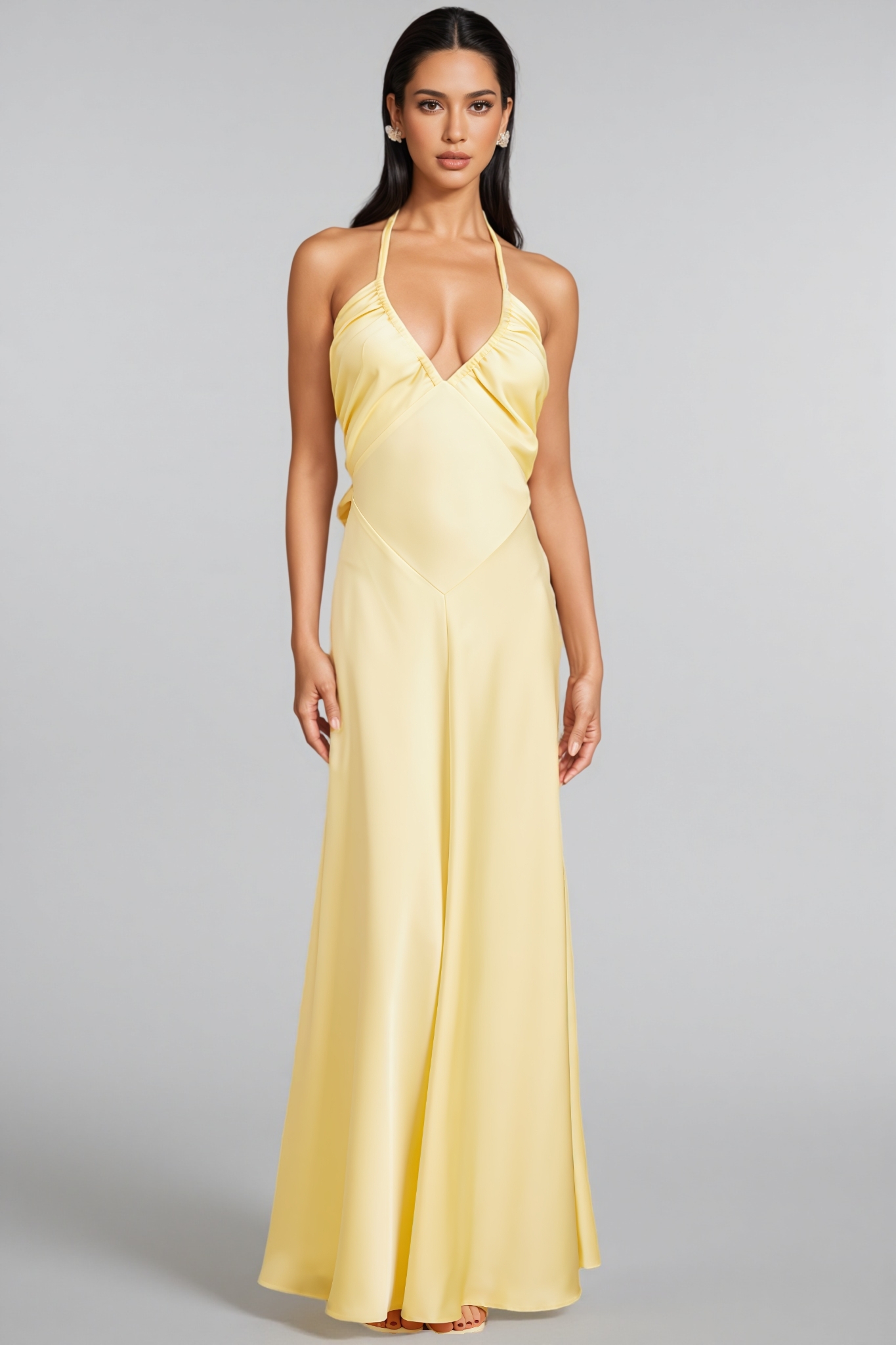 Zadiy Yellow Tie Neck Backless Maxi Dress