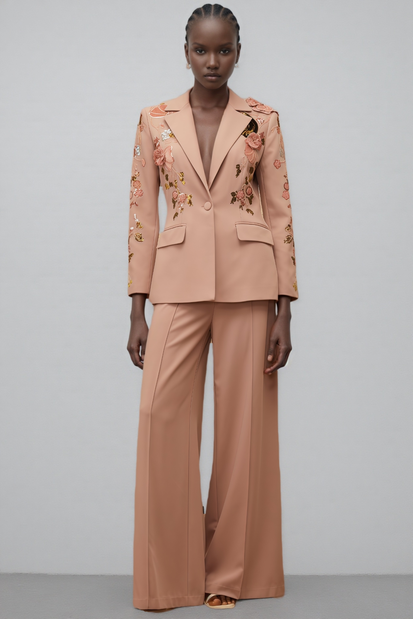 Runte Dusty Pink Sequined Floral Blazer Trousers Set