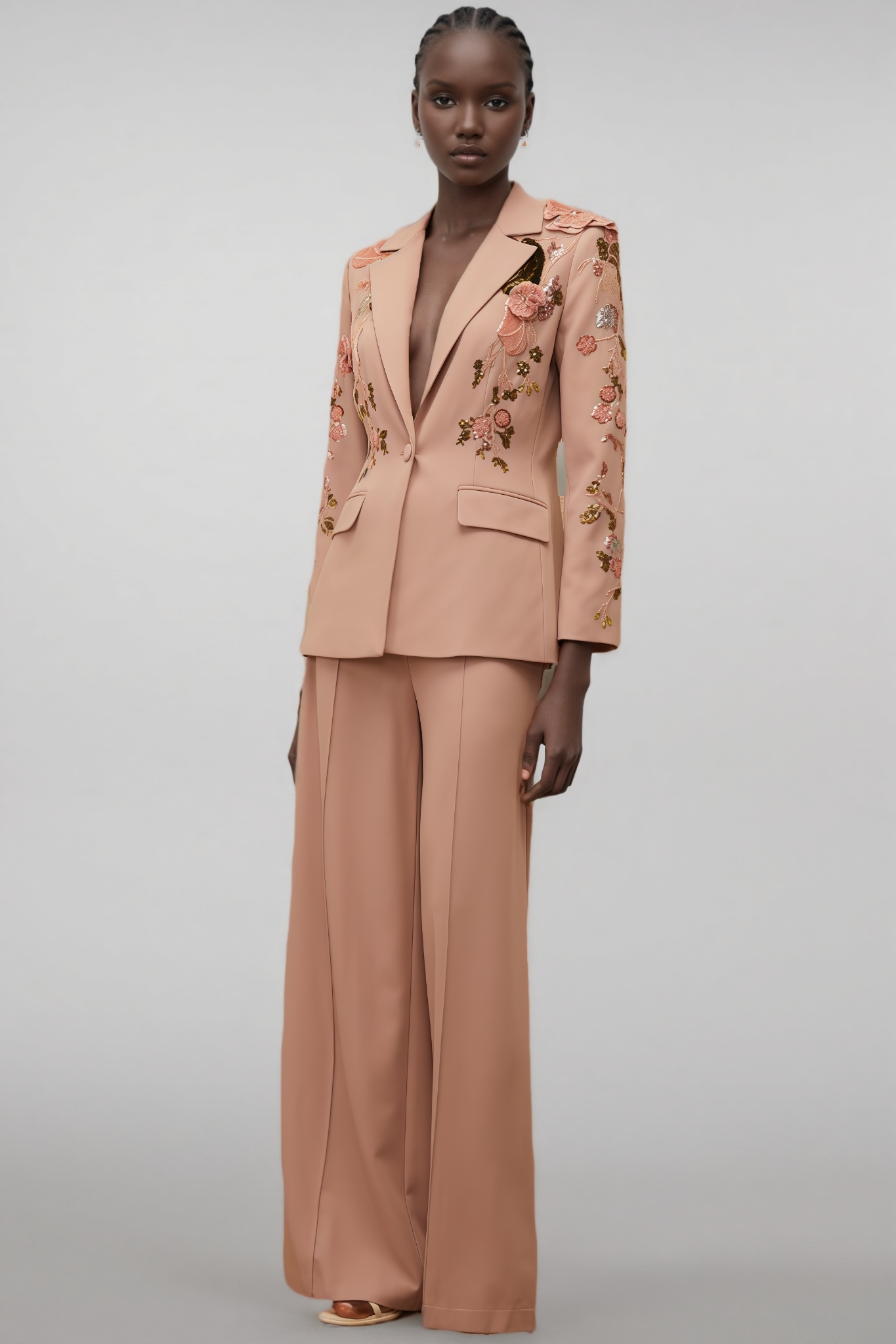 Runte Dusty Pink Sequined Floral Blazer Trousers Set