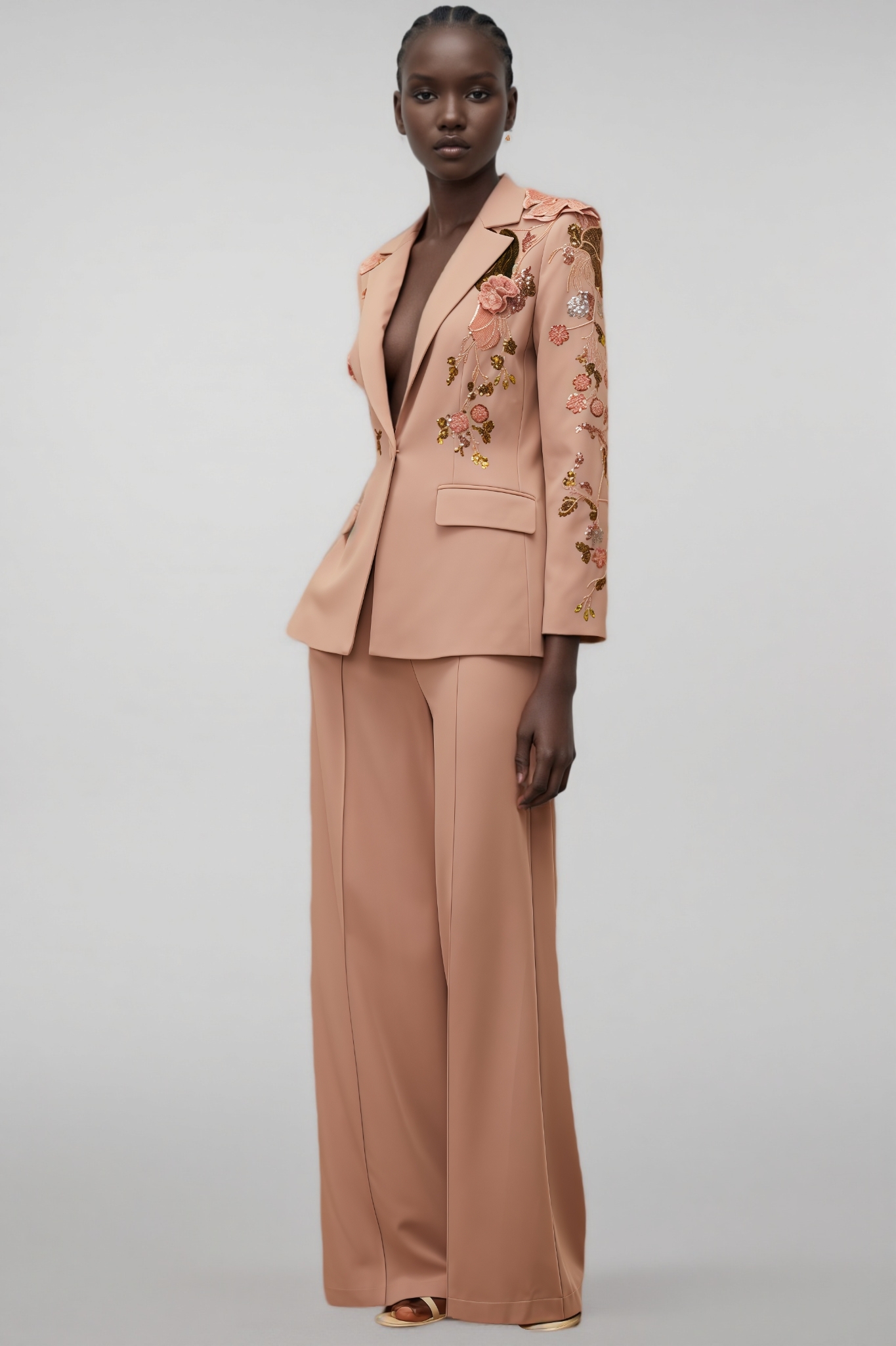 Runte Dusty Pink Sequined Floral Blazer Trousers Set