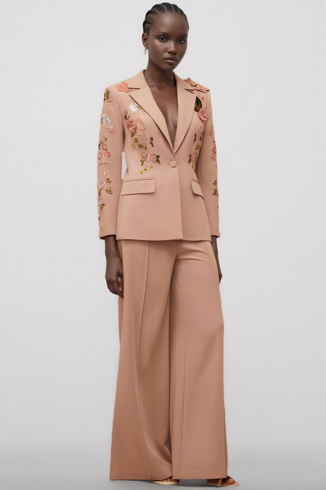 Runte Dusty Pink Sequined Floral Blazer Trousers Set