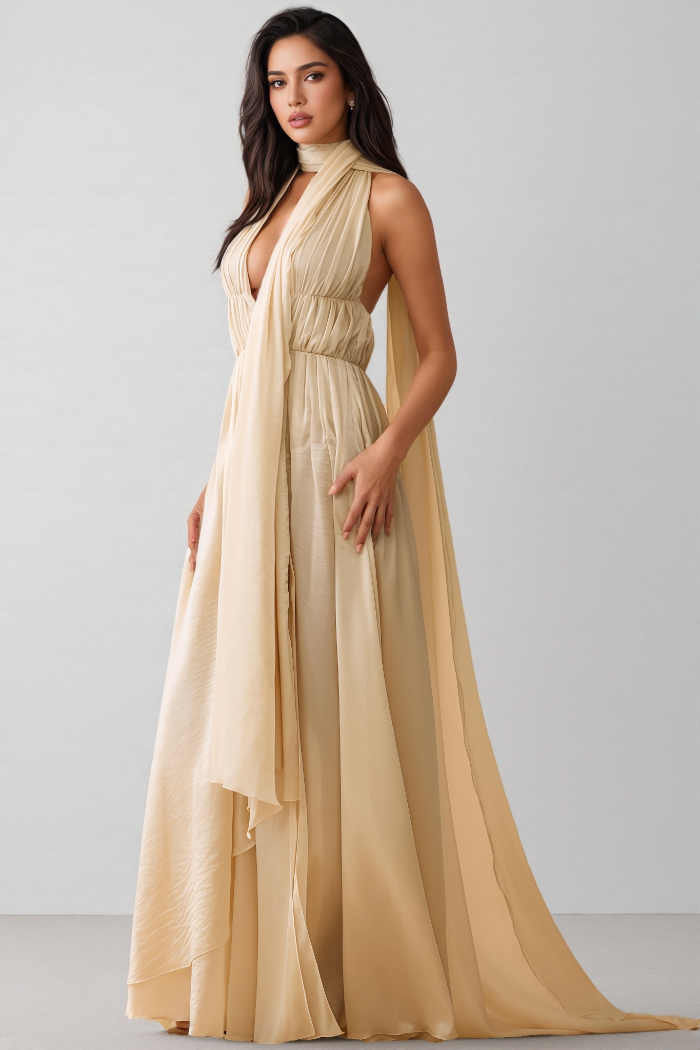 Bonnie Plunge Neck Scarf-detail Draped Maxi Dress