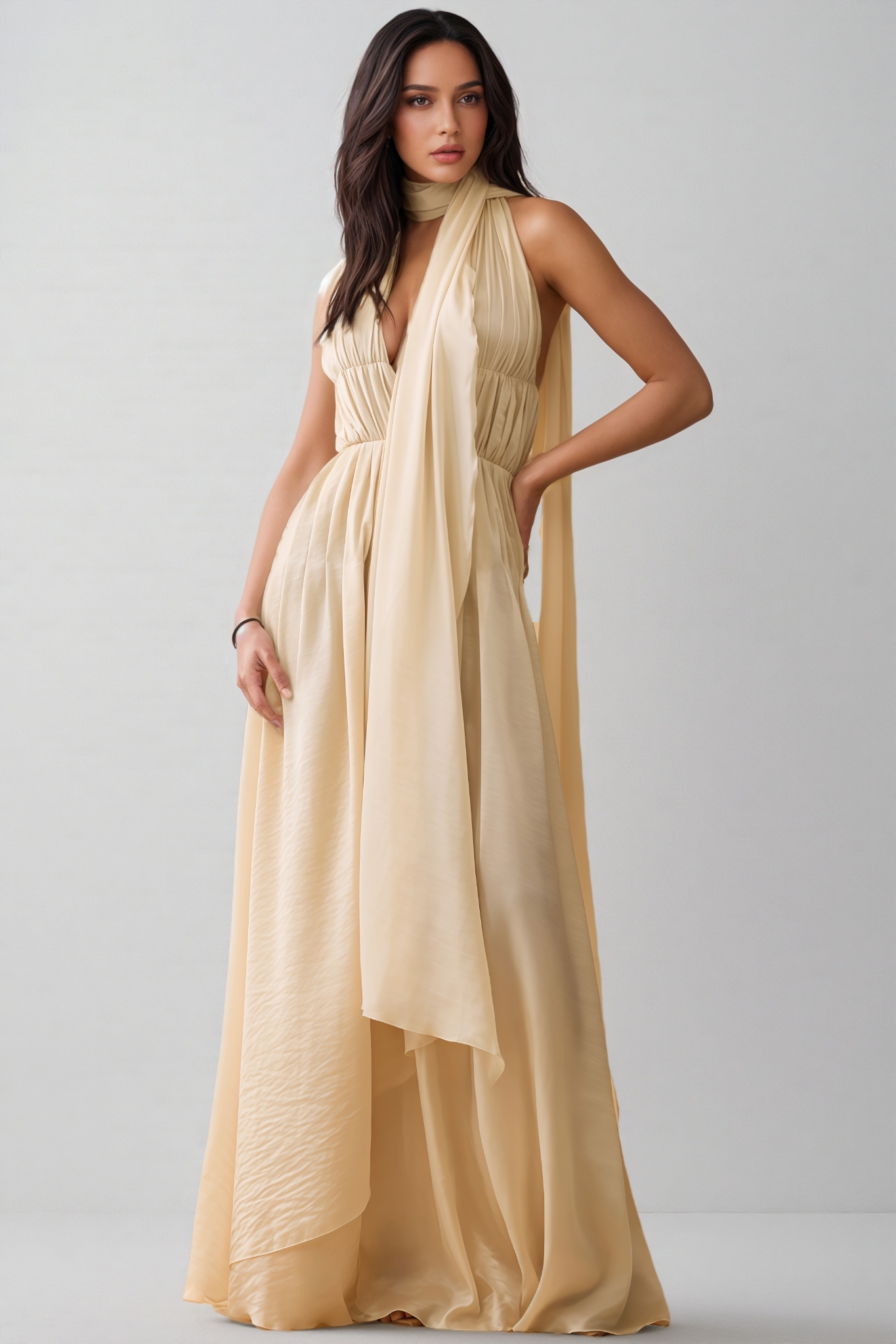 Bonnie Plunge Neck Scarf-detail Draped Maxi Dress