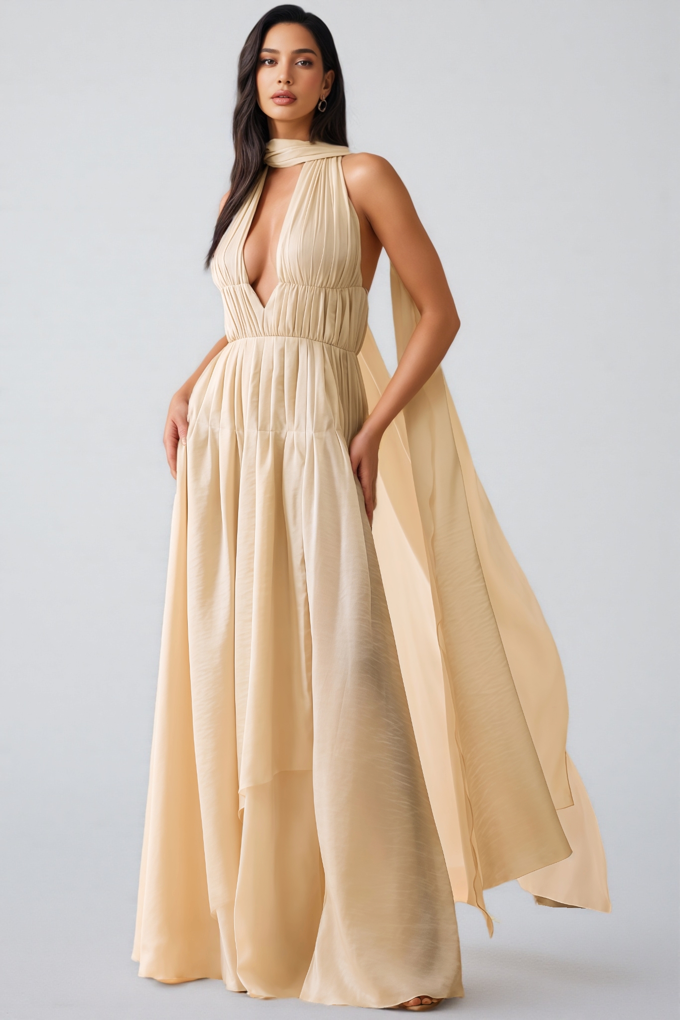 Bonnie Plunge Neck Scarf-detail Draped Maxi Dress