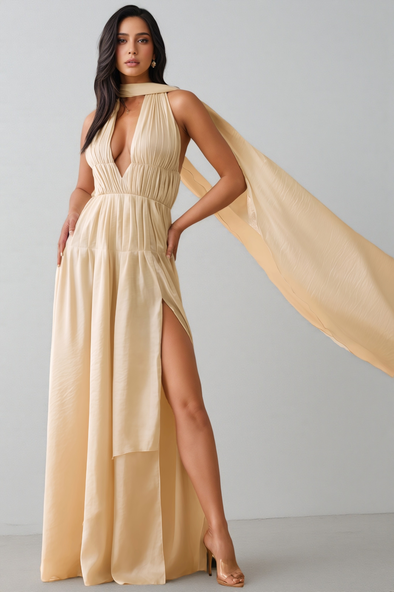 Bonnie Plunge Neck Scarf-detail Draped Maxi Dress