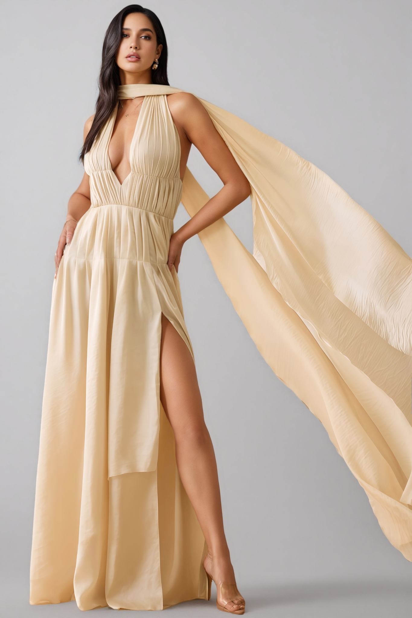 Bonnie Plunge Neck Scarf-detail Draped Maxi Dress