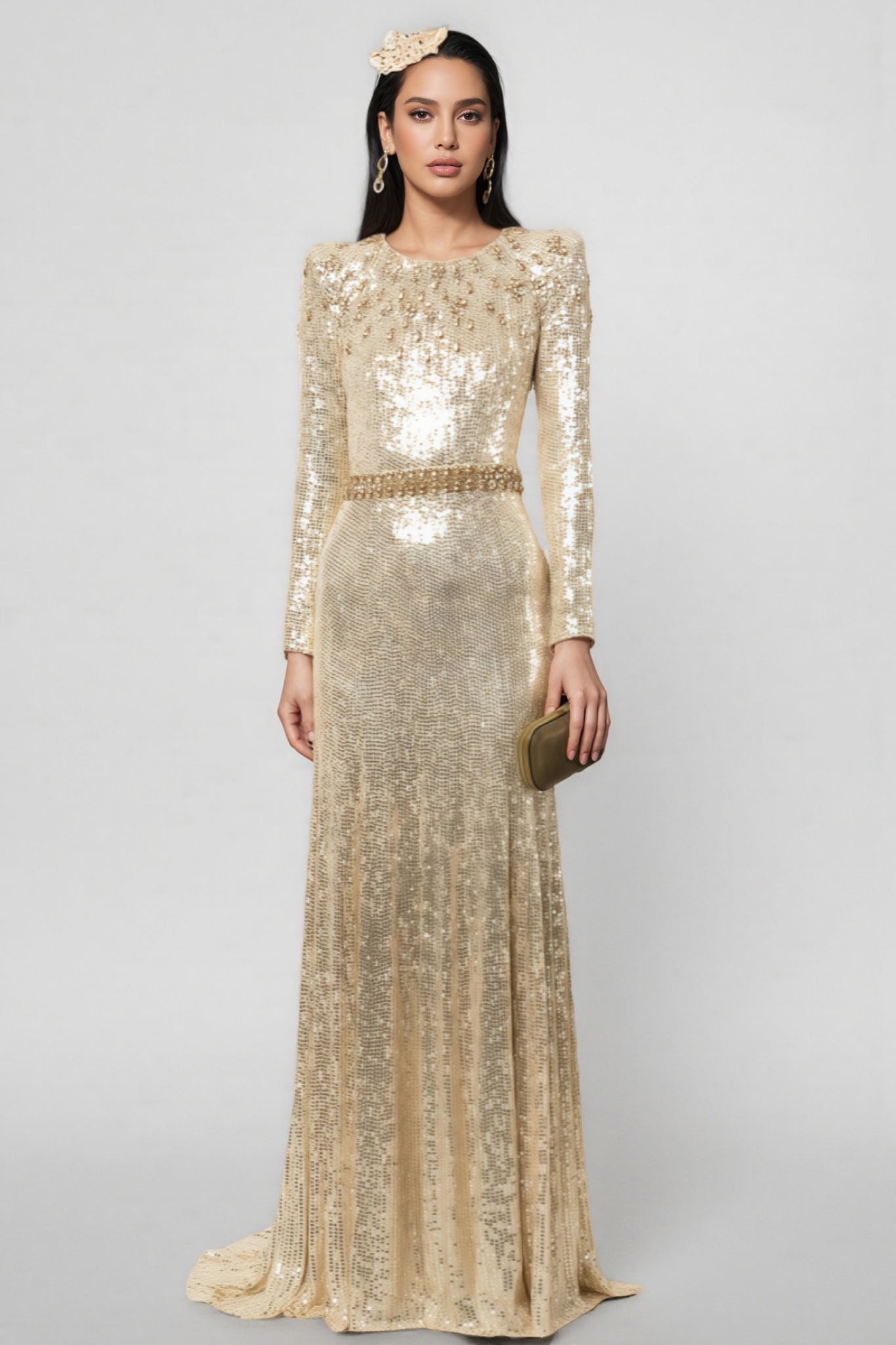 Kania Diamond Encrusted Gold Sequin Maxi Dress
