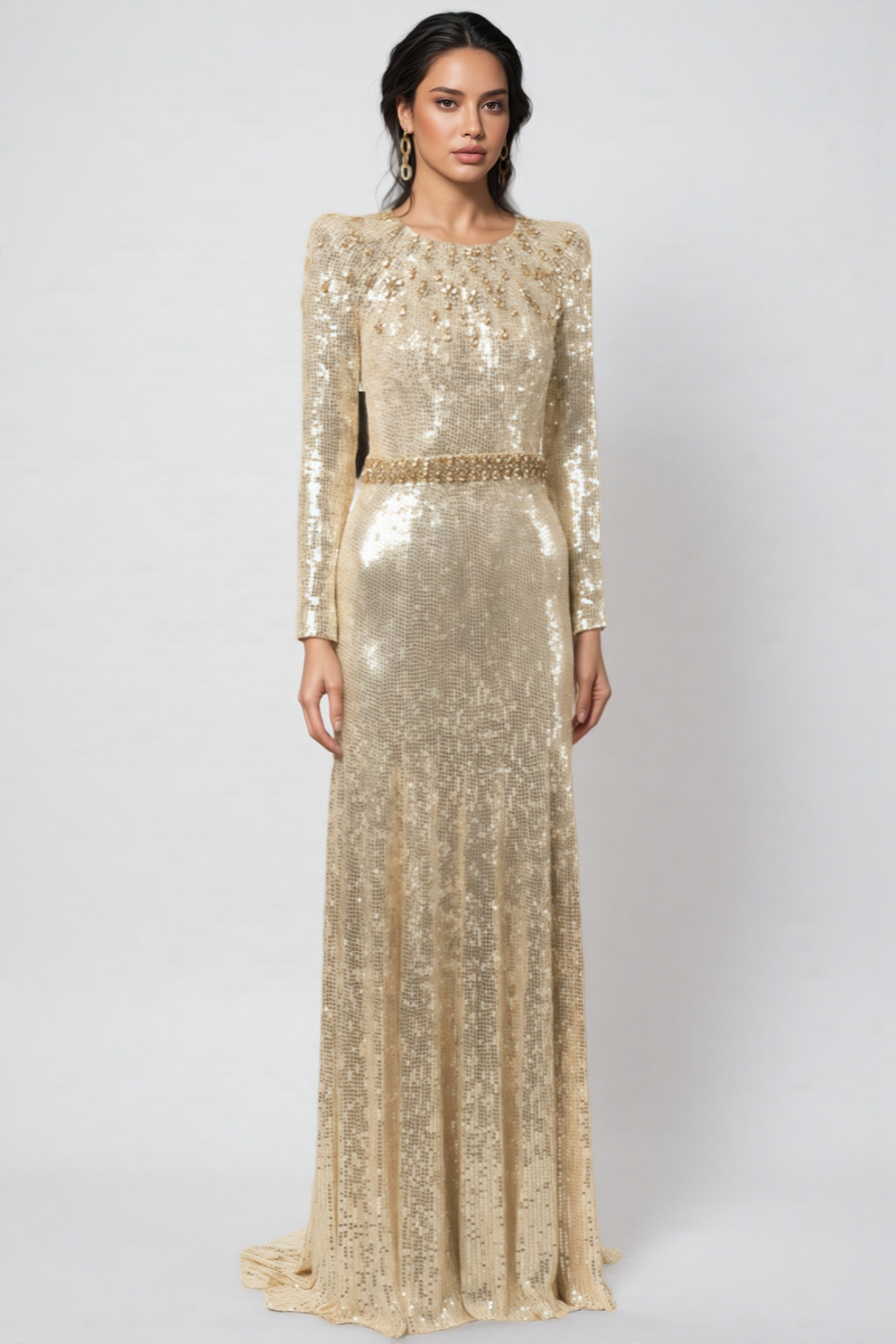 Kania Diamond Encrusted Gold Sequin Maxi Dress
