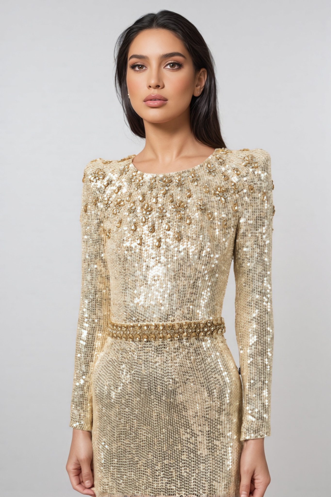 Kania Diamond Encrusted Gold Sequin Maxi Dress