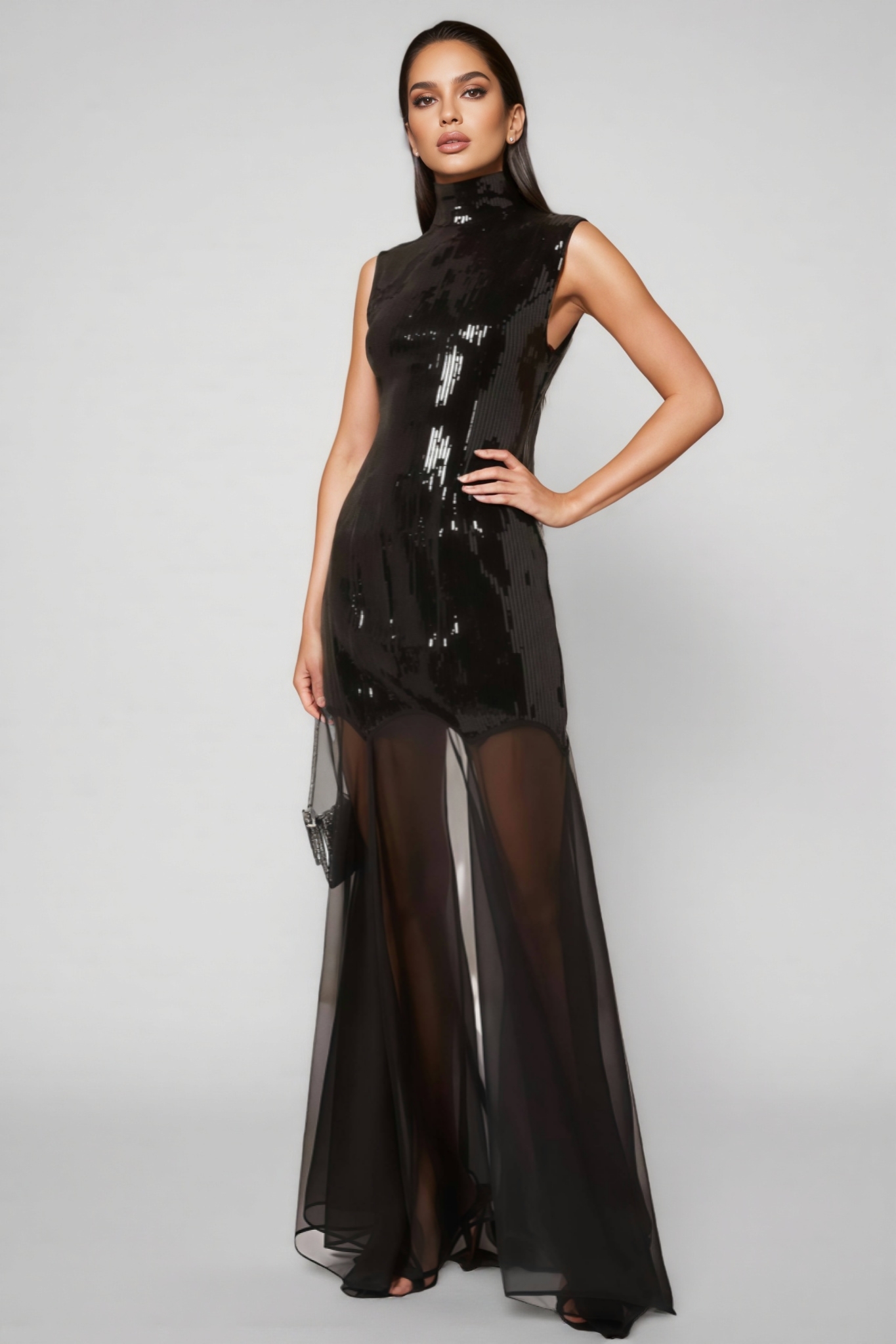 Mayads High Neck Sequin Mesh Maxi Dress