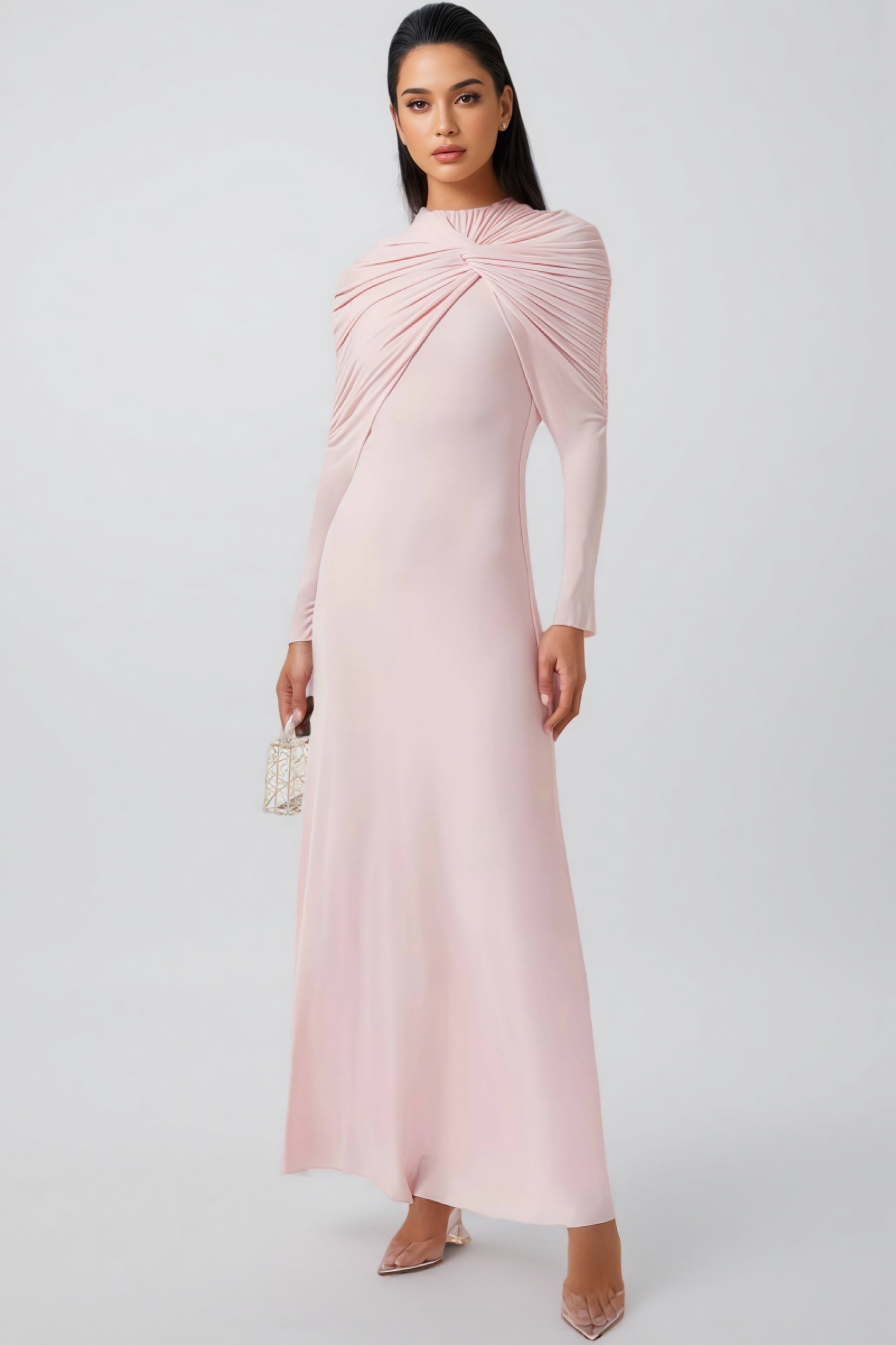 Greelk Pink Long Sleeve Pleated Maxi Dress