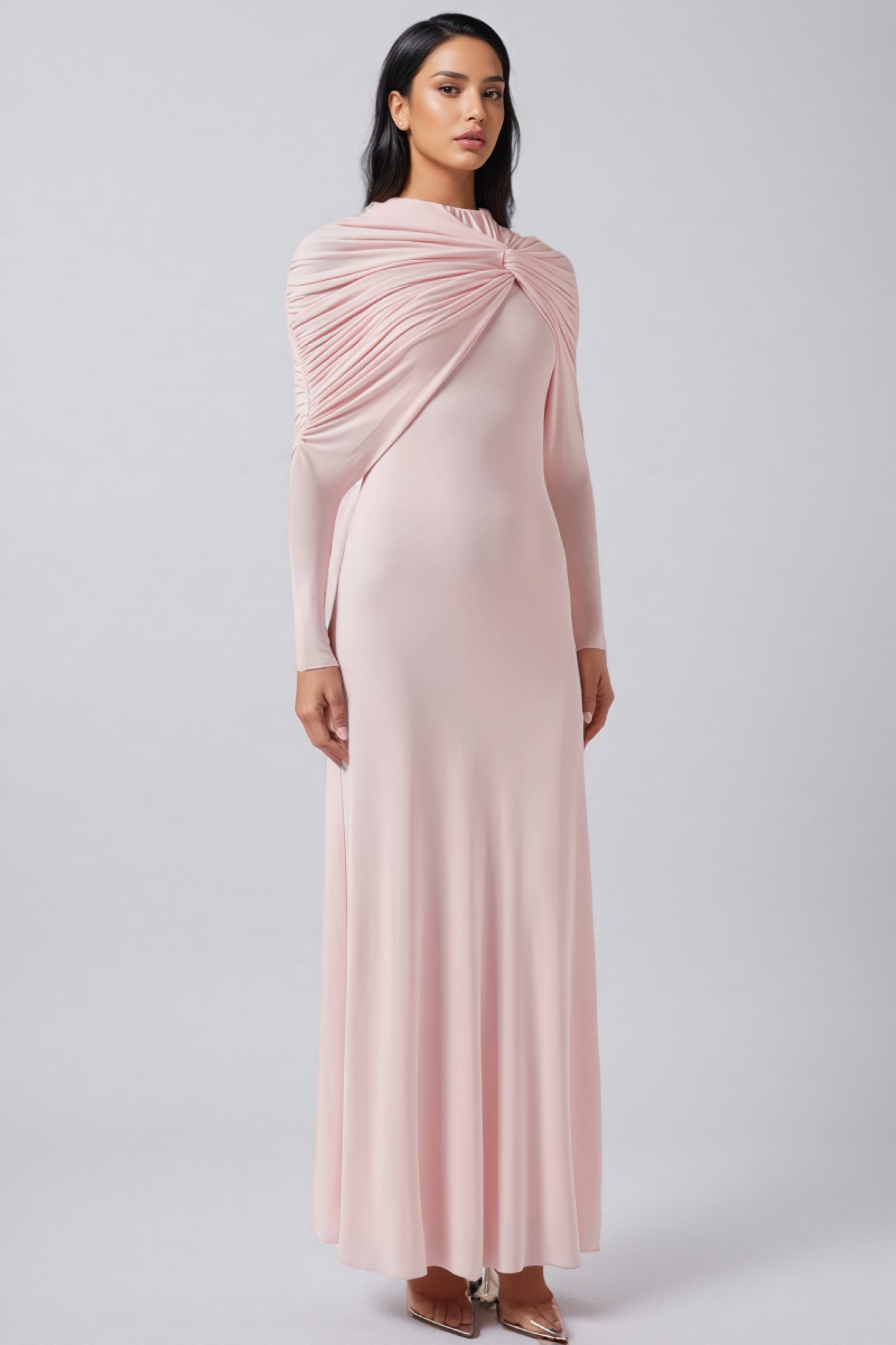 Greelk Pink Long Sleeve Pleated Maxi Dress