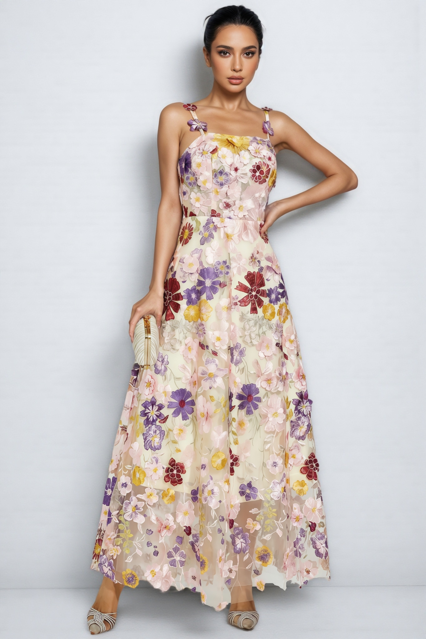 Carlota Flower Embroidery Maxi Dress