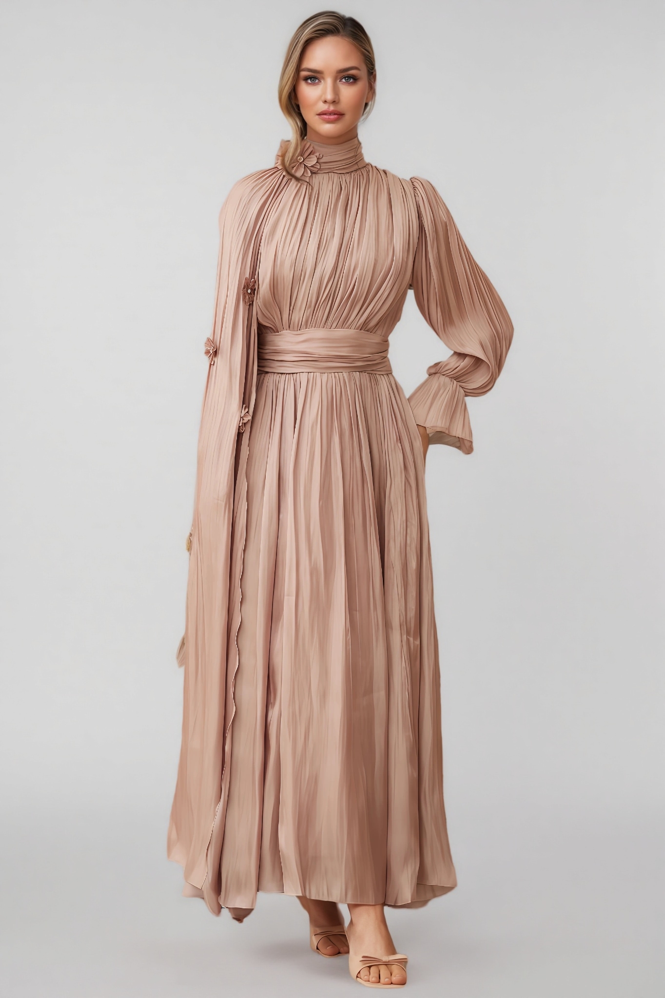 Niall Floral Pleated Cape Maxi Dress