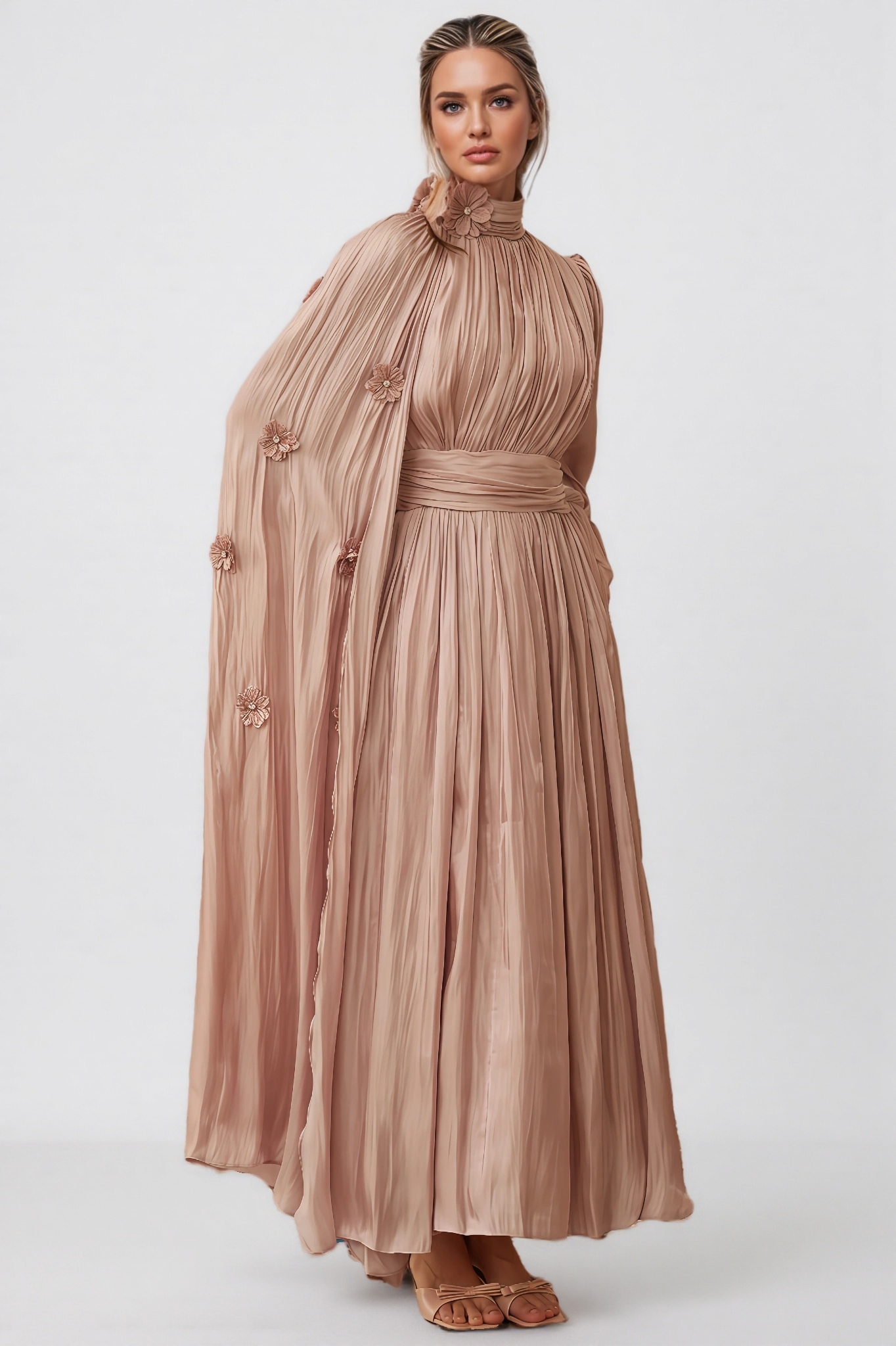 Niall Floral Pleated Cape Maxi Dress