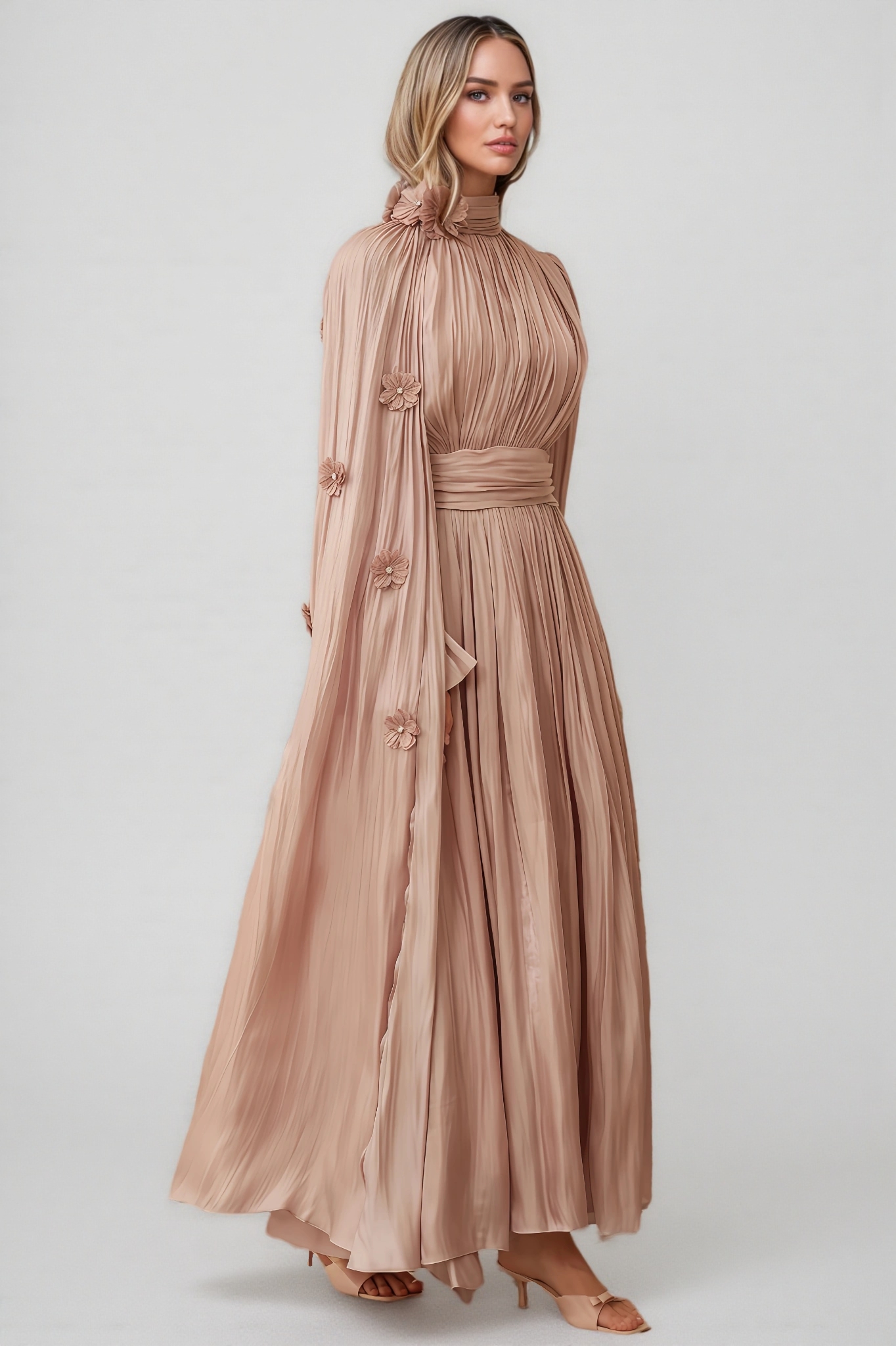 Niall Floral Pleated Cape Maxi Dress