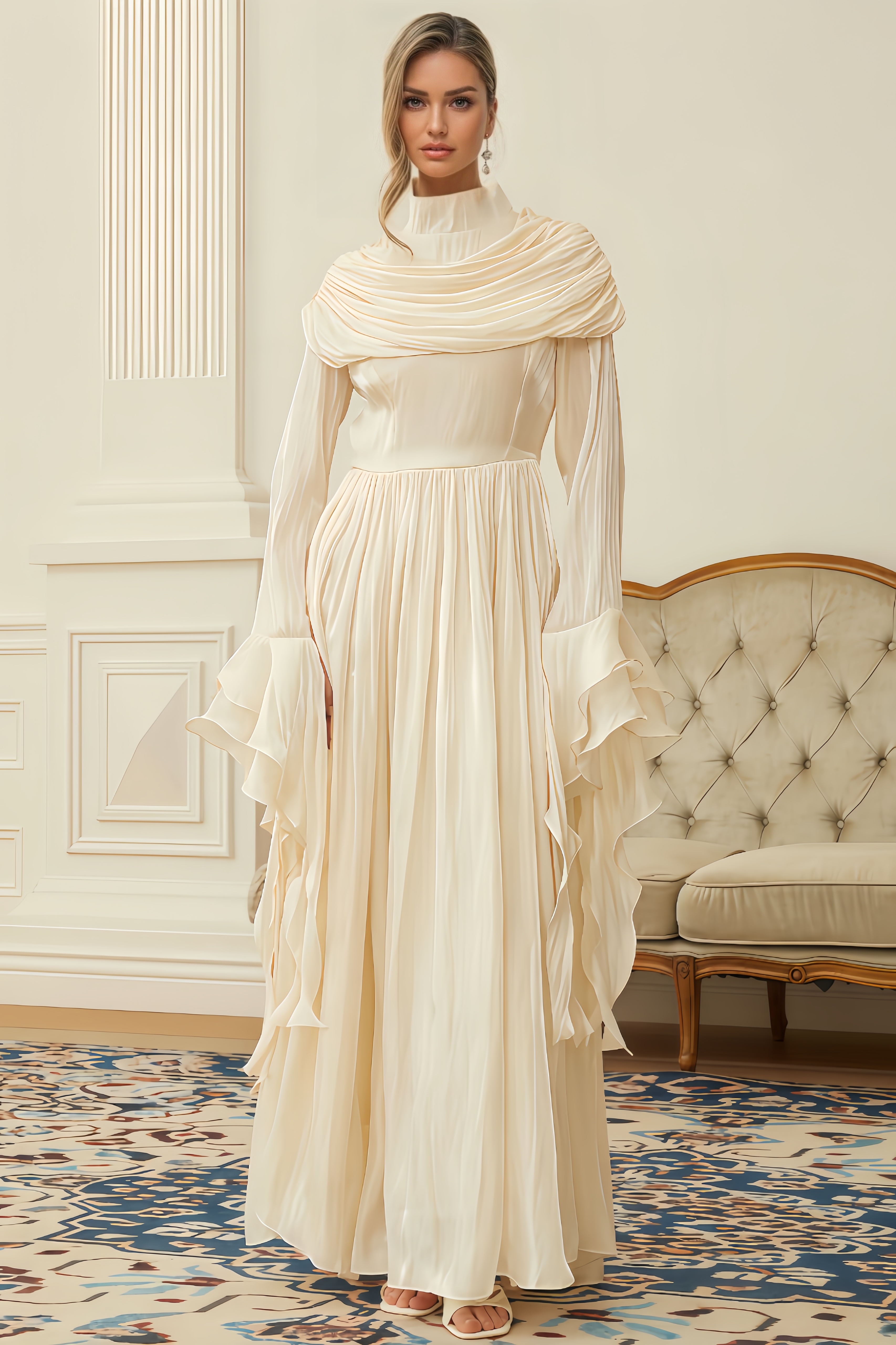 Zahra Neutral Ruched Pleated Maxi Dress