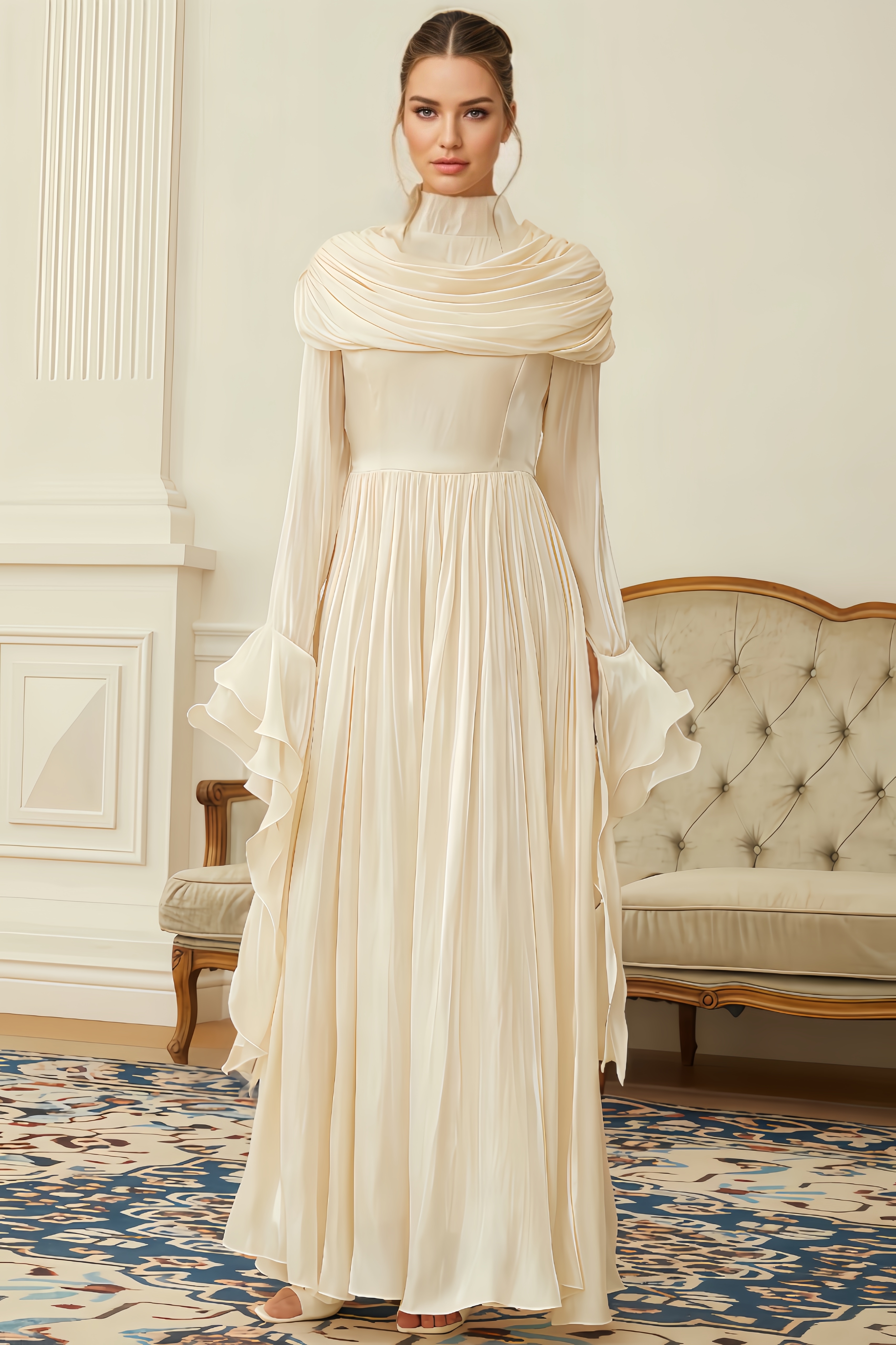 Zahra Neutral Ruched Pleated Maxi Dress