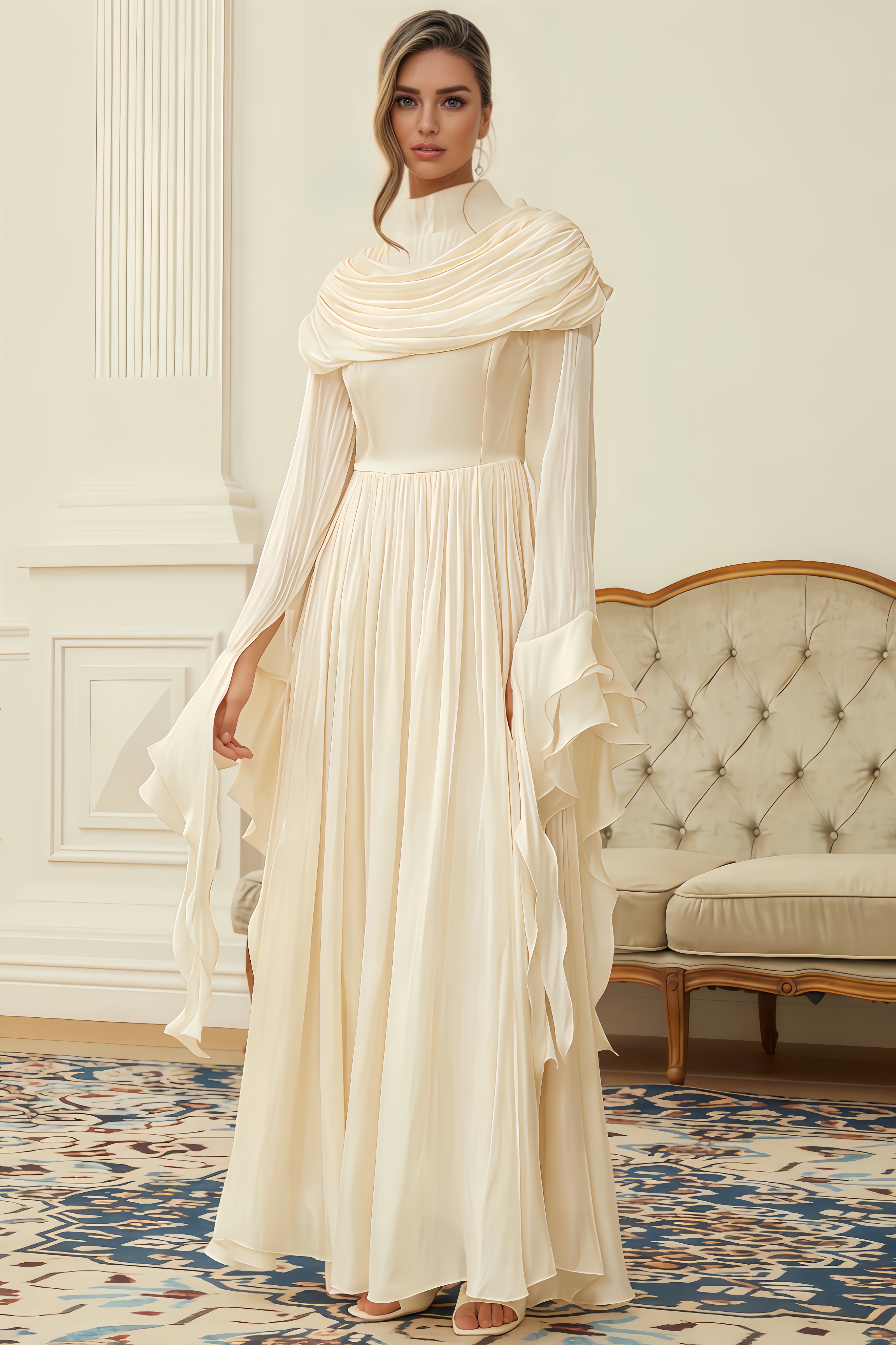 Zahra Neutral Ruched Pleated Maxi Dress