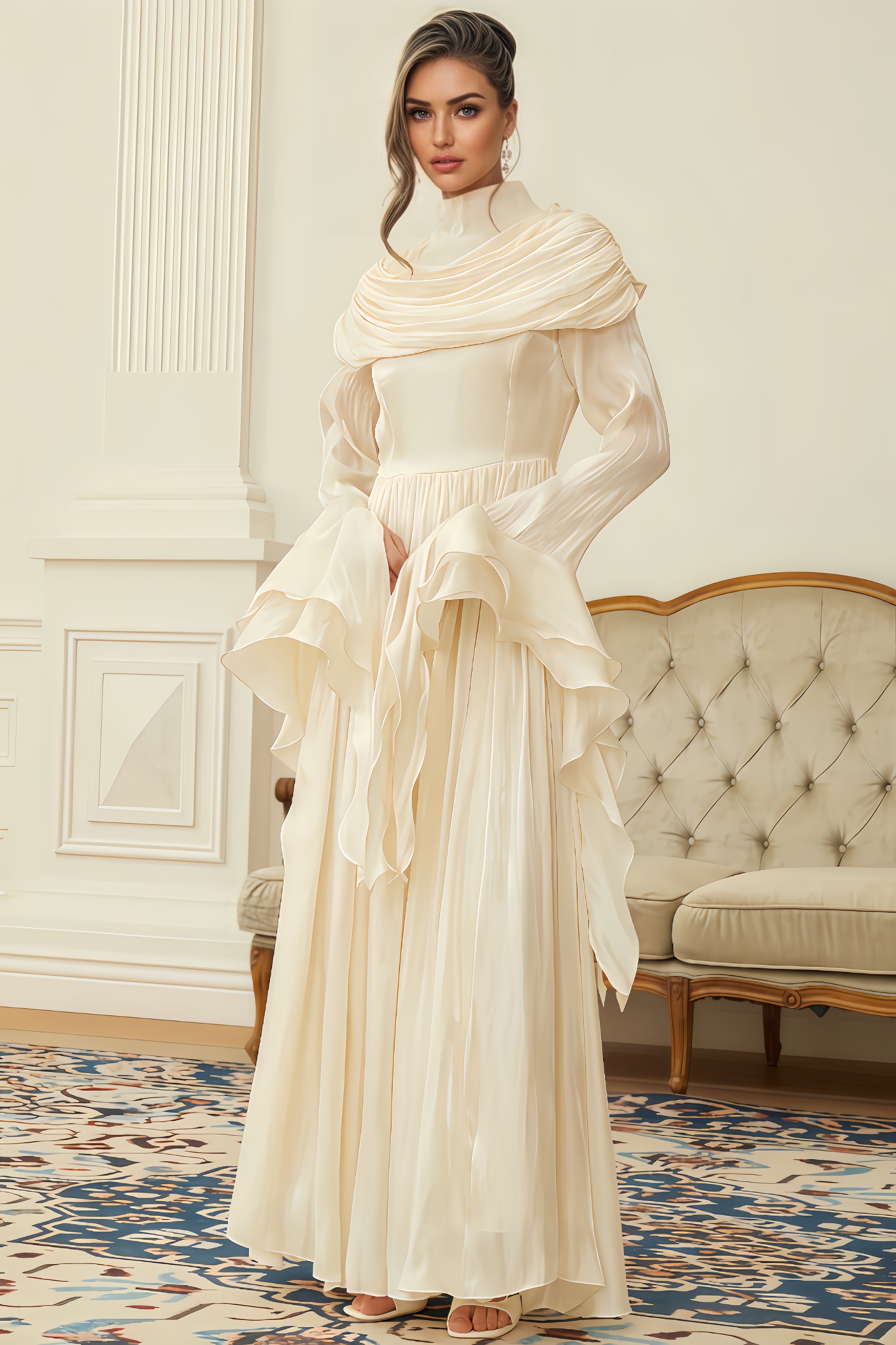 Zahra Neutral Ruched Pleated Maxi Dress