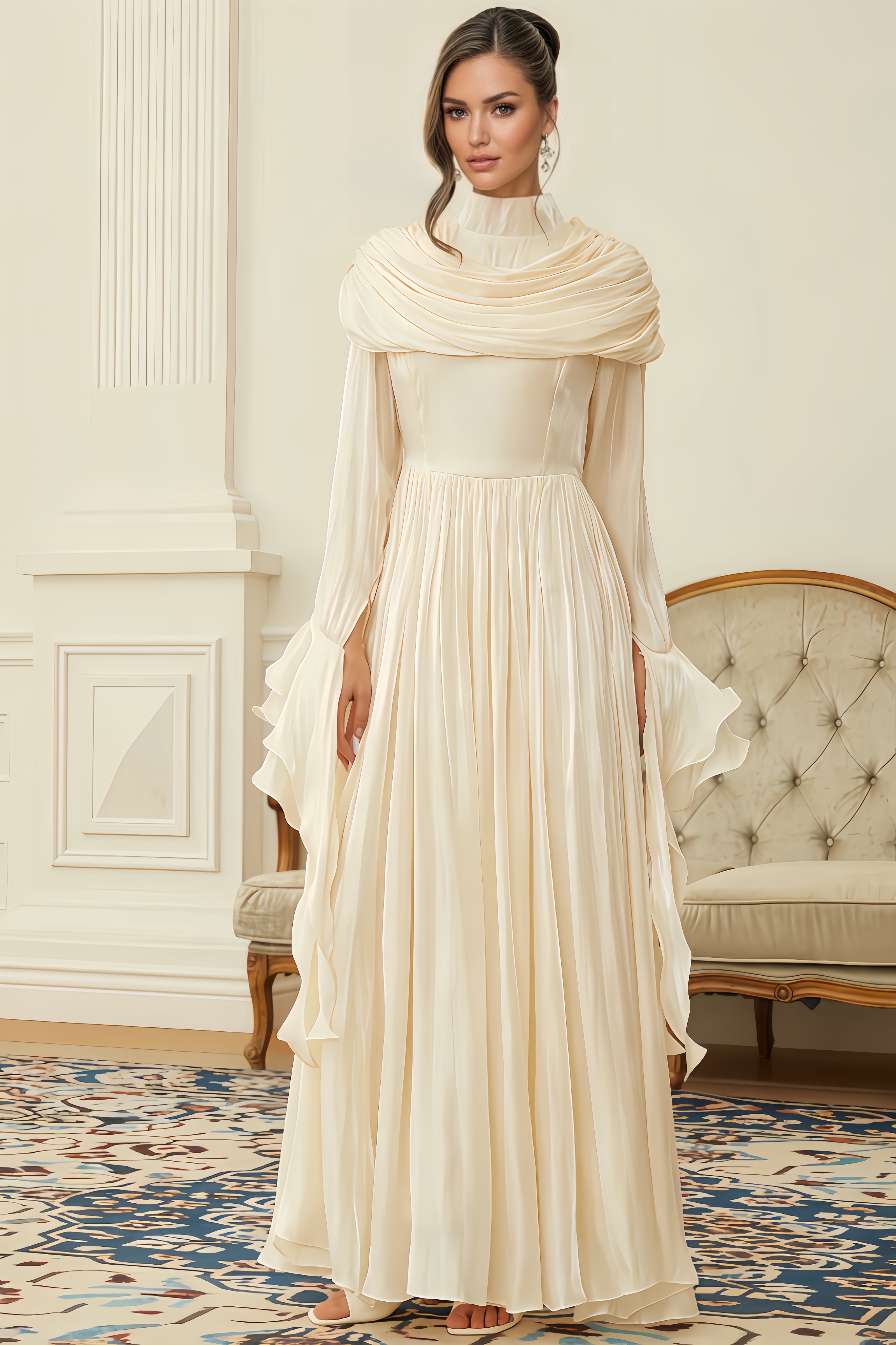 Zahra Neutral Ruched Pleated Maxi Dress