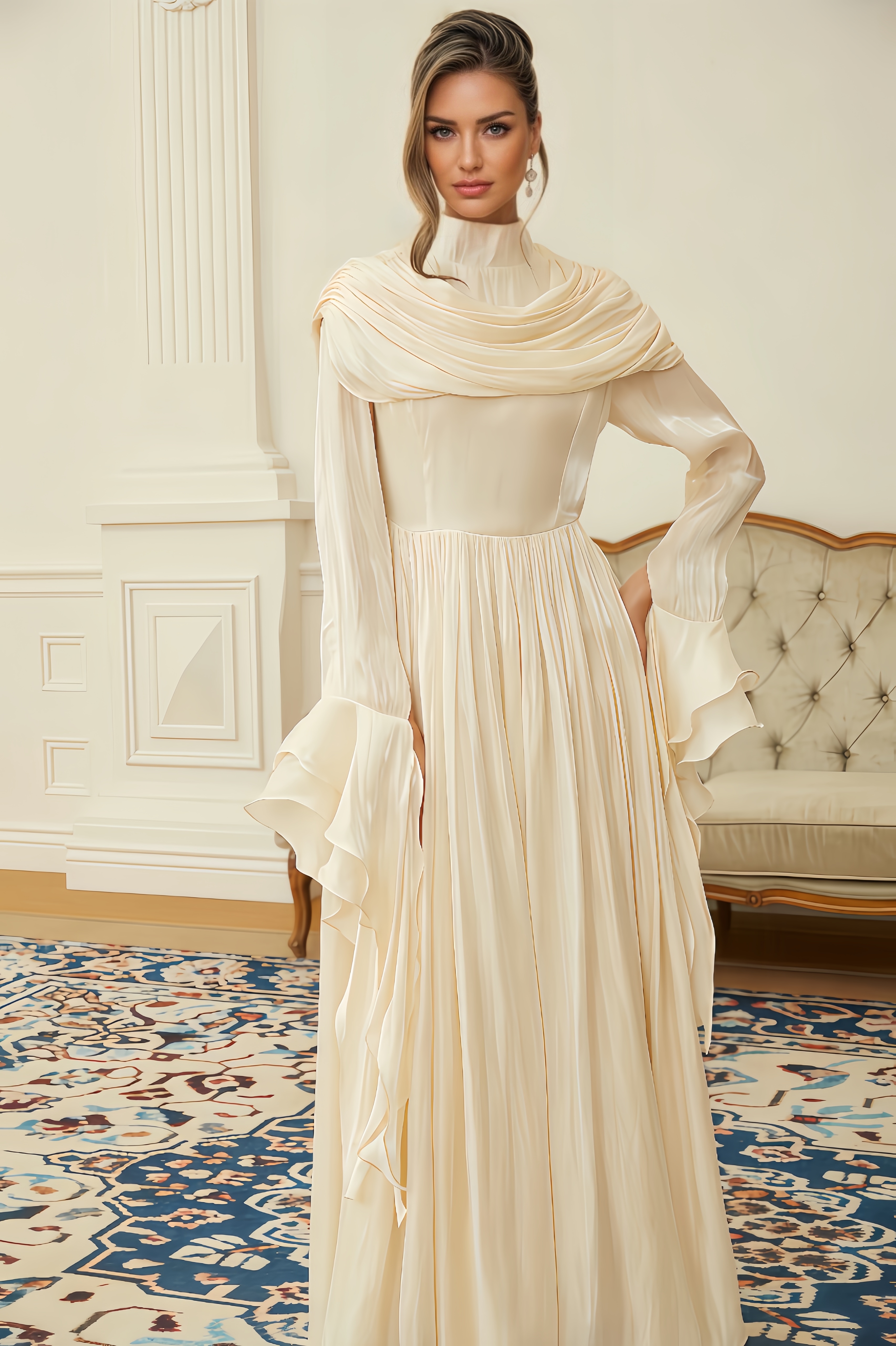 Zahra Neutral Ruched Pleated Maxi Dress