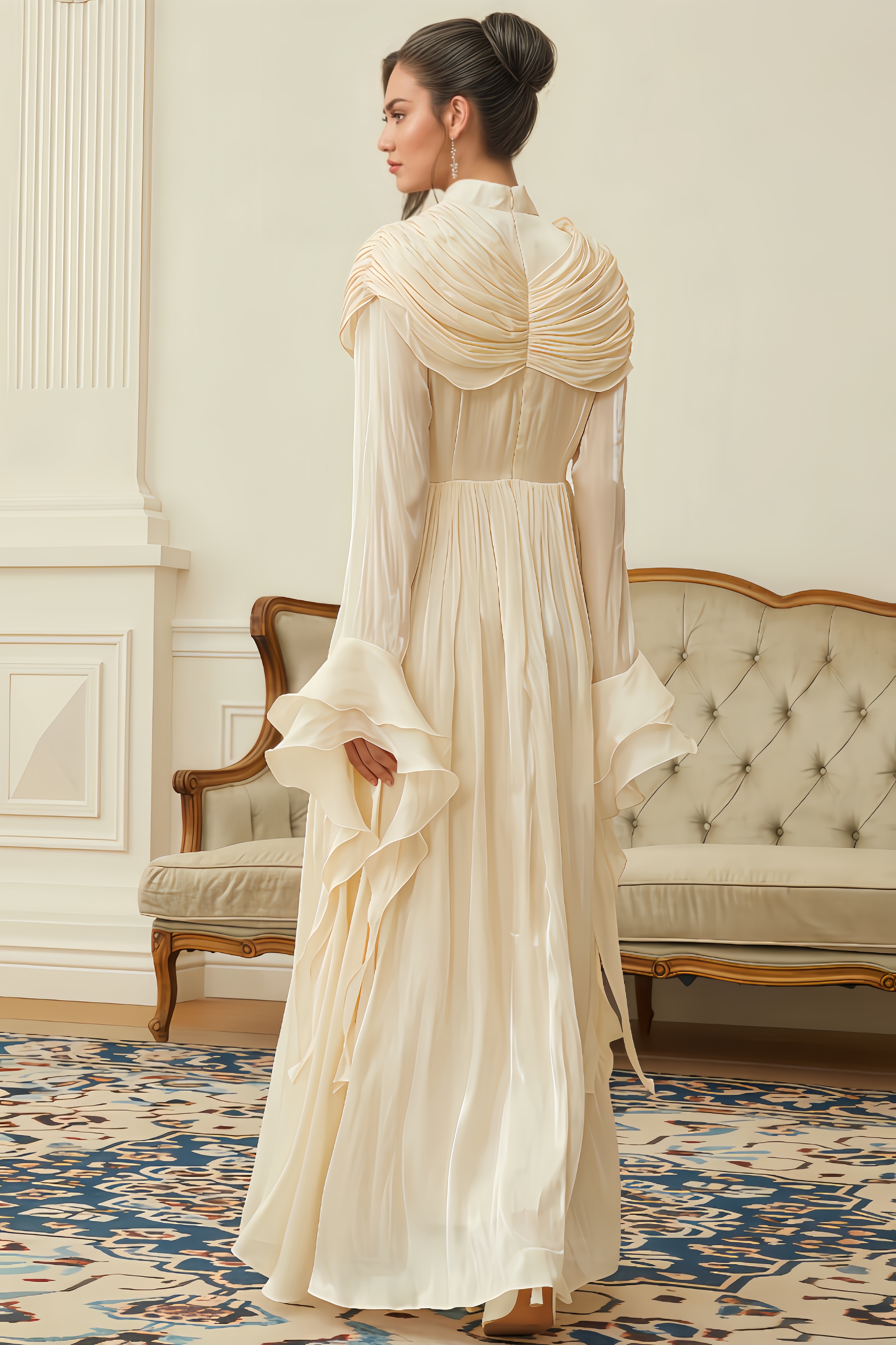 Zahra Neutral Ruched Pleated Maxi Dress