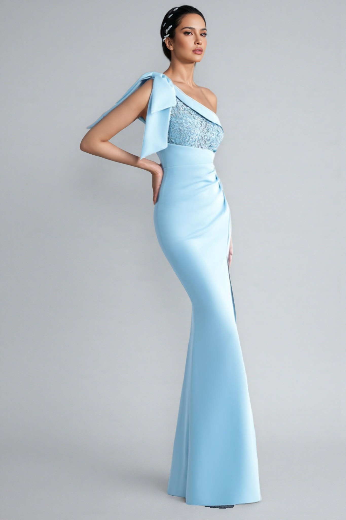 Denny Blue One-Shoulder Embroidered Maxi Dress