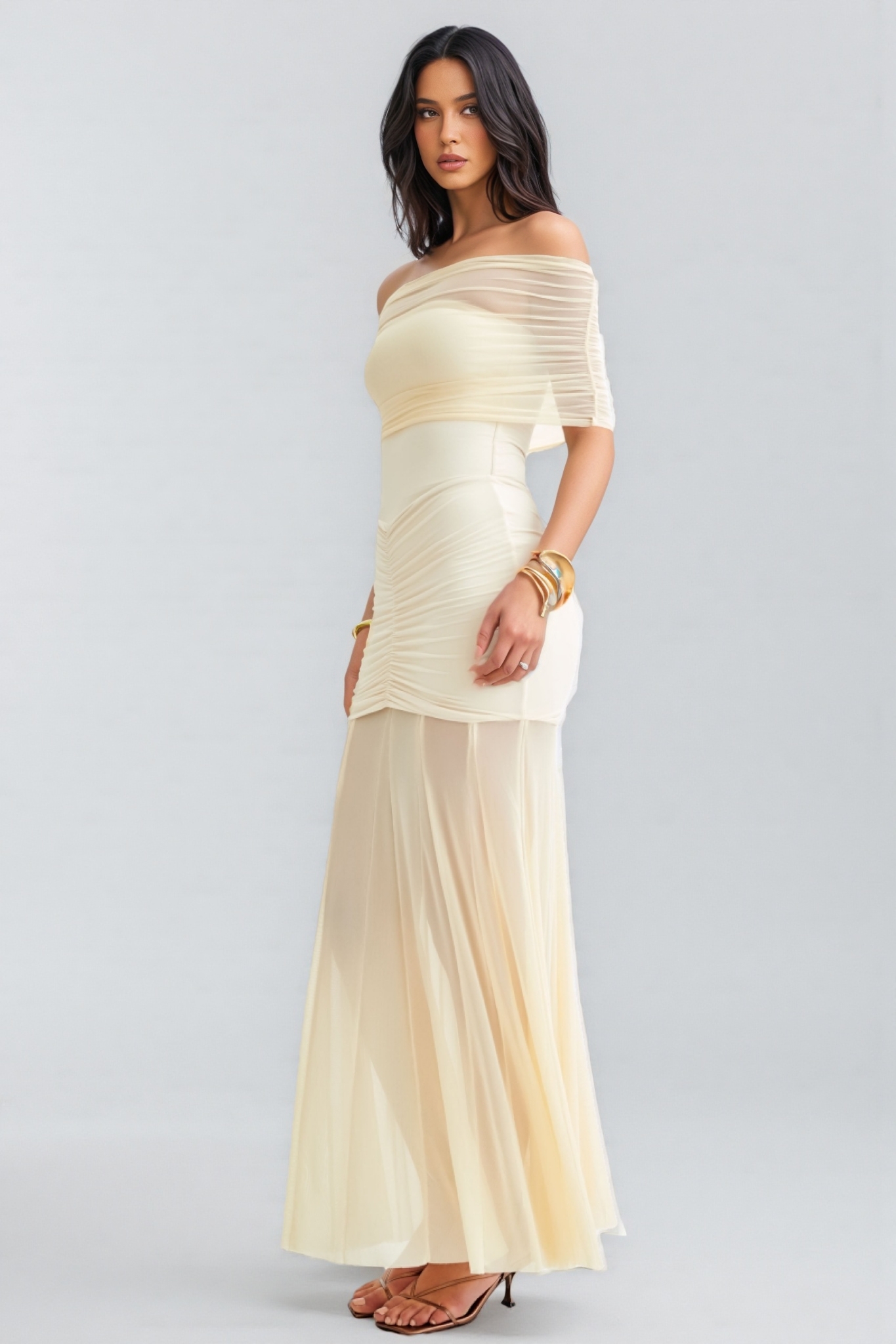Vashad White Mesh Off Shoulder Maxi Dress