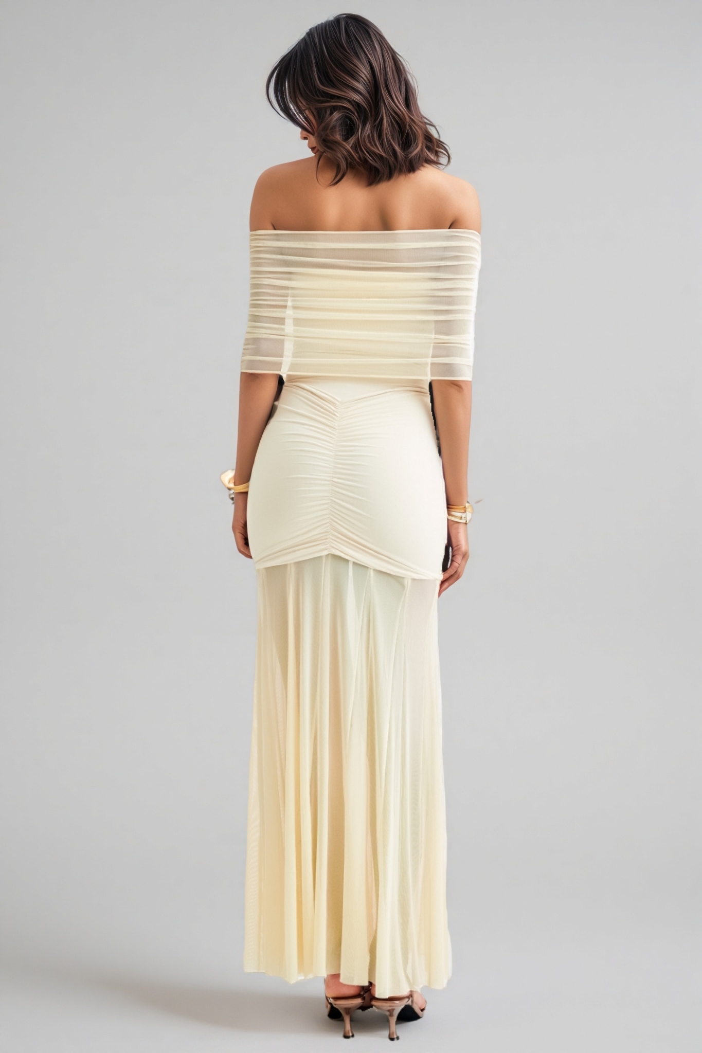 Vashad White Mesh Off Shoulder Maxi Dress