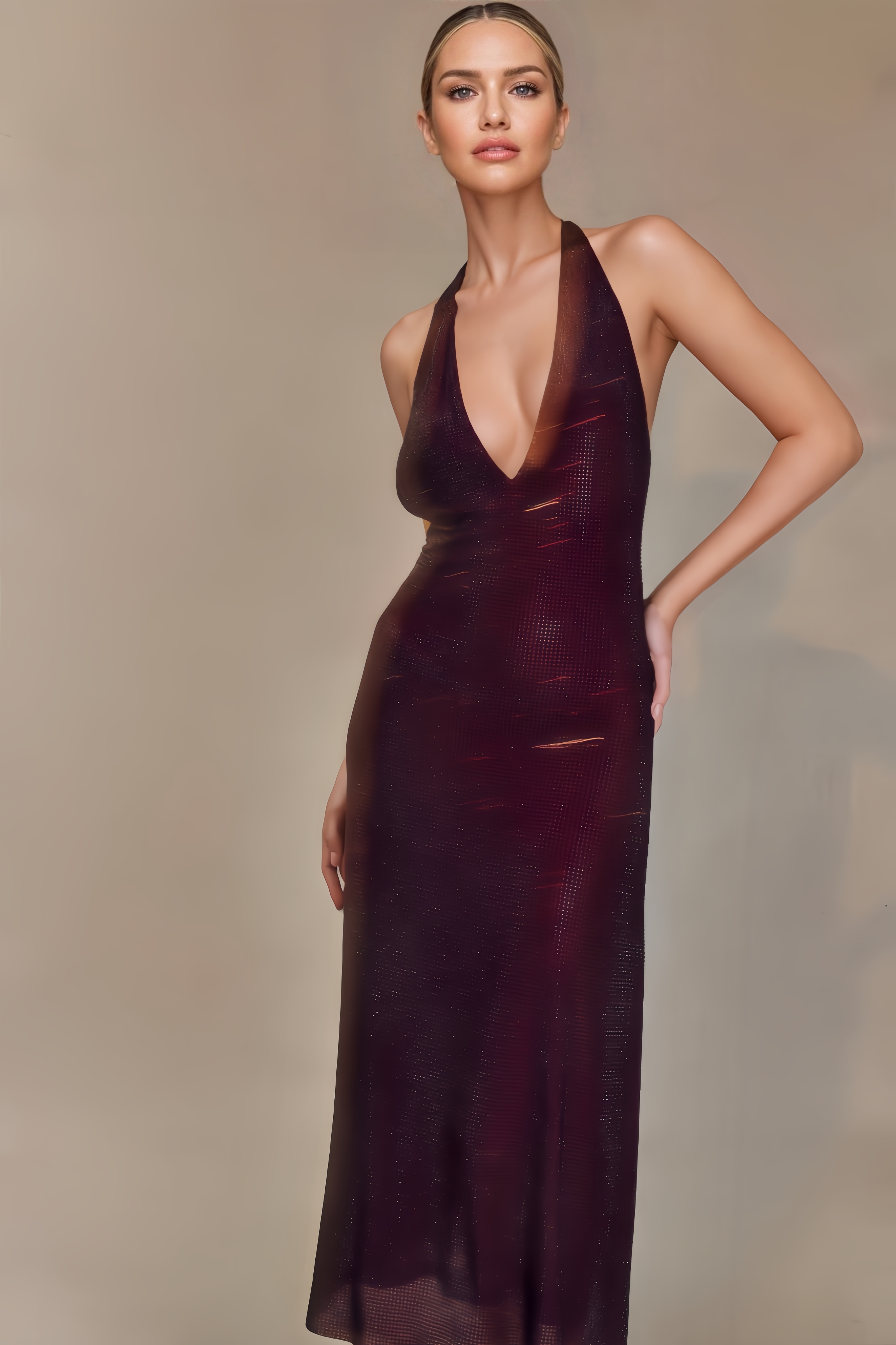 Paxotk Diamante Halter Midi Dress