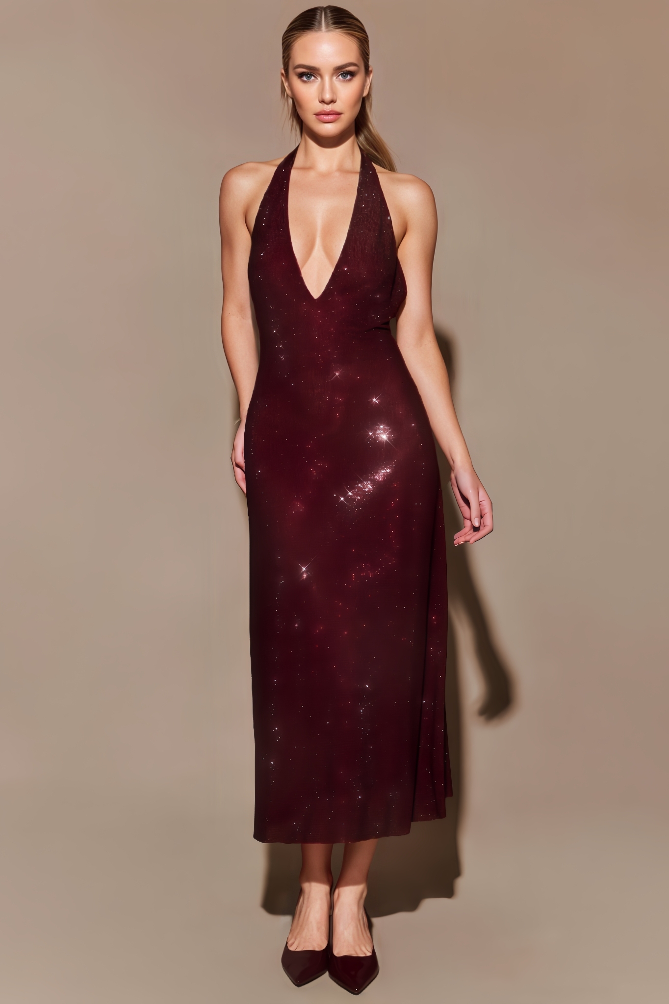 Paxotk Diamante Halter Midi Dress