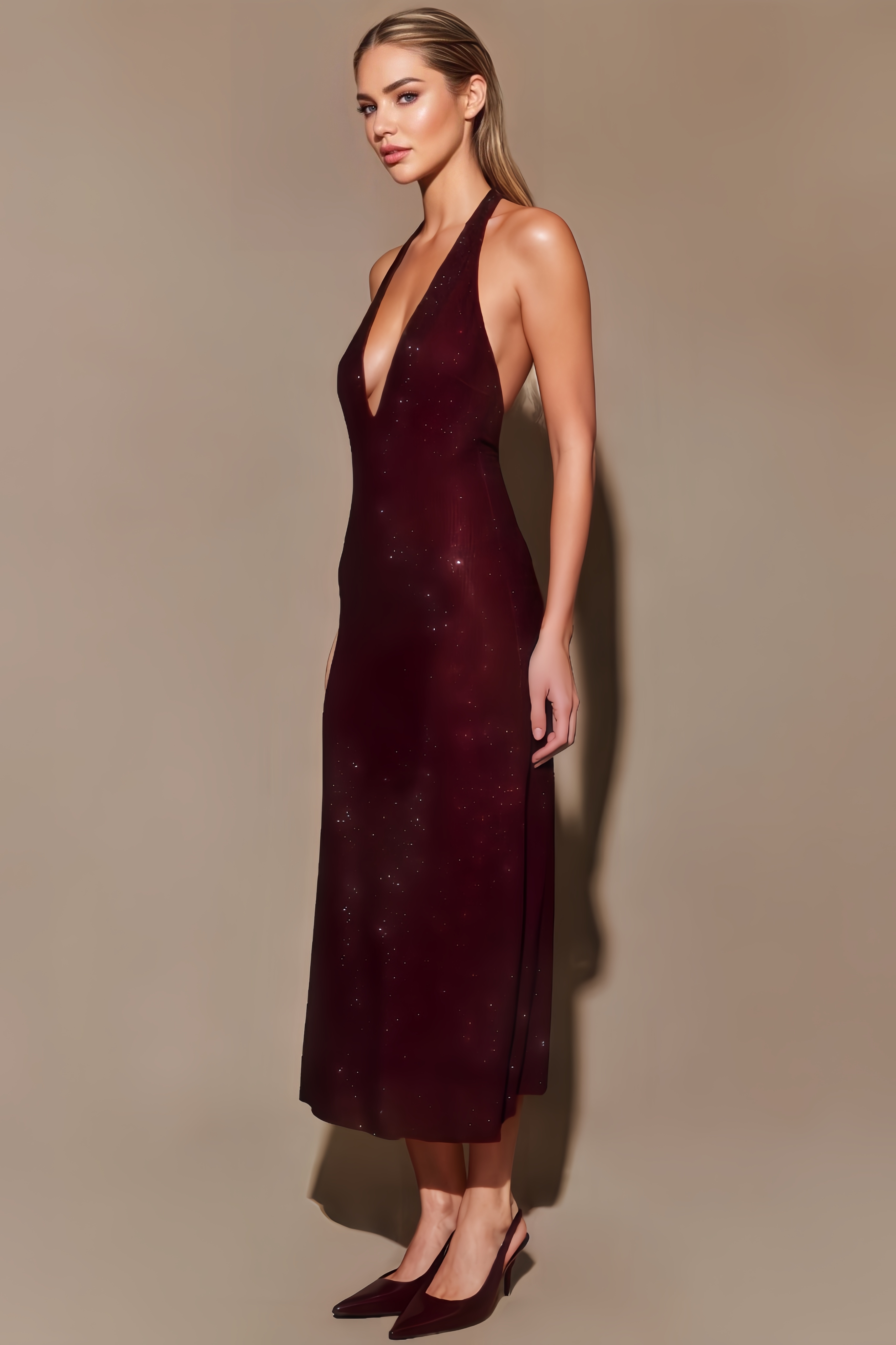 Paxotk Diamante Halter Midi Dress