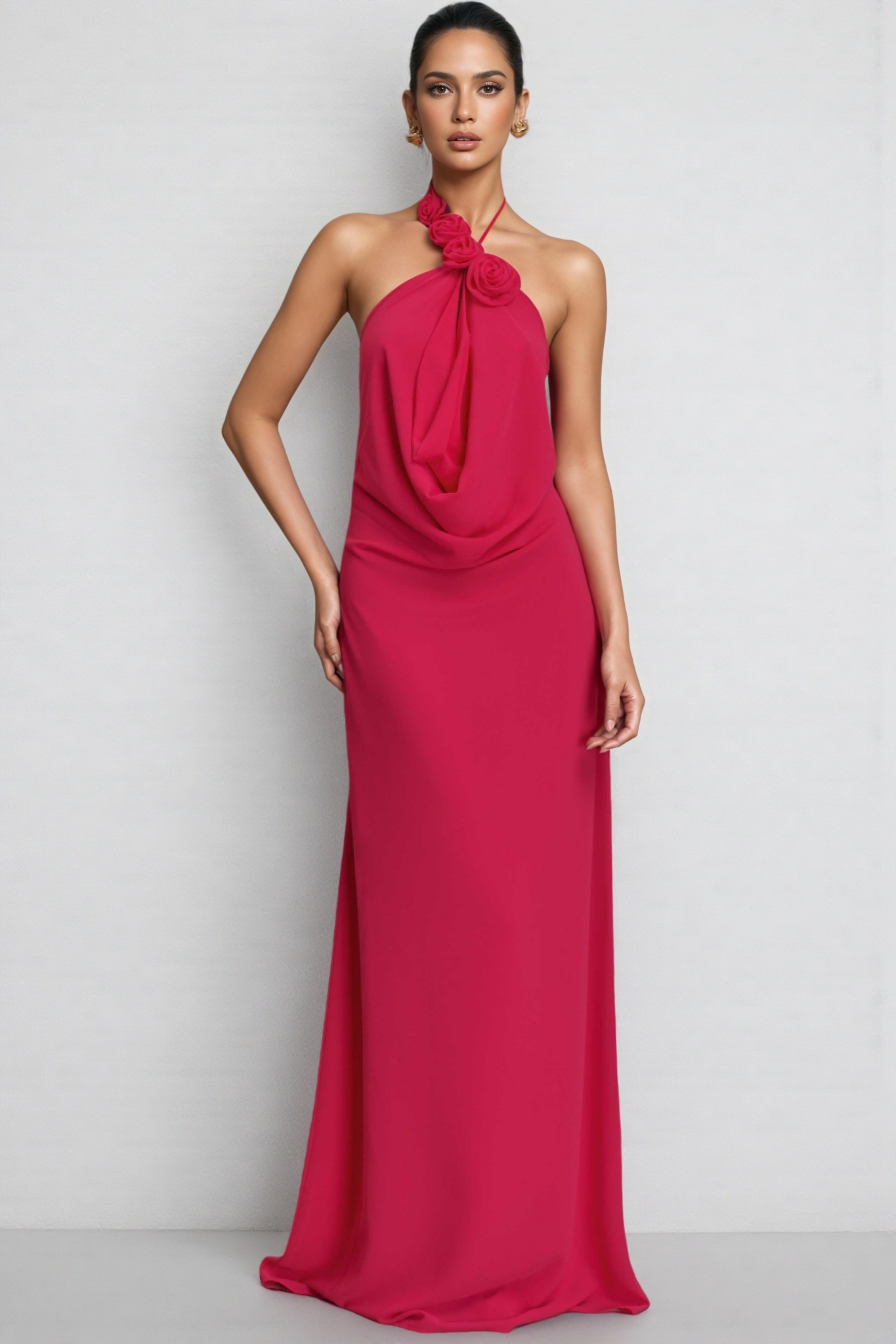 Penel Cowl Neck 3D Flower Maxi Dress