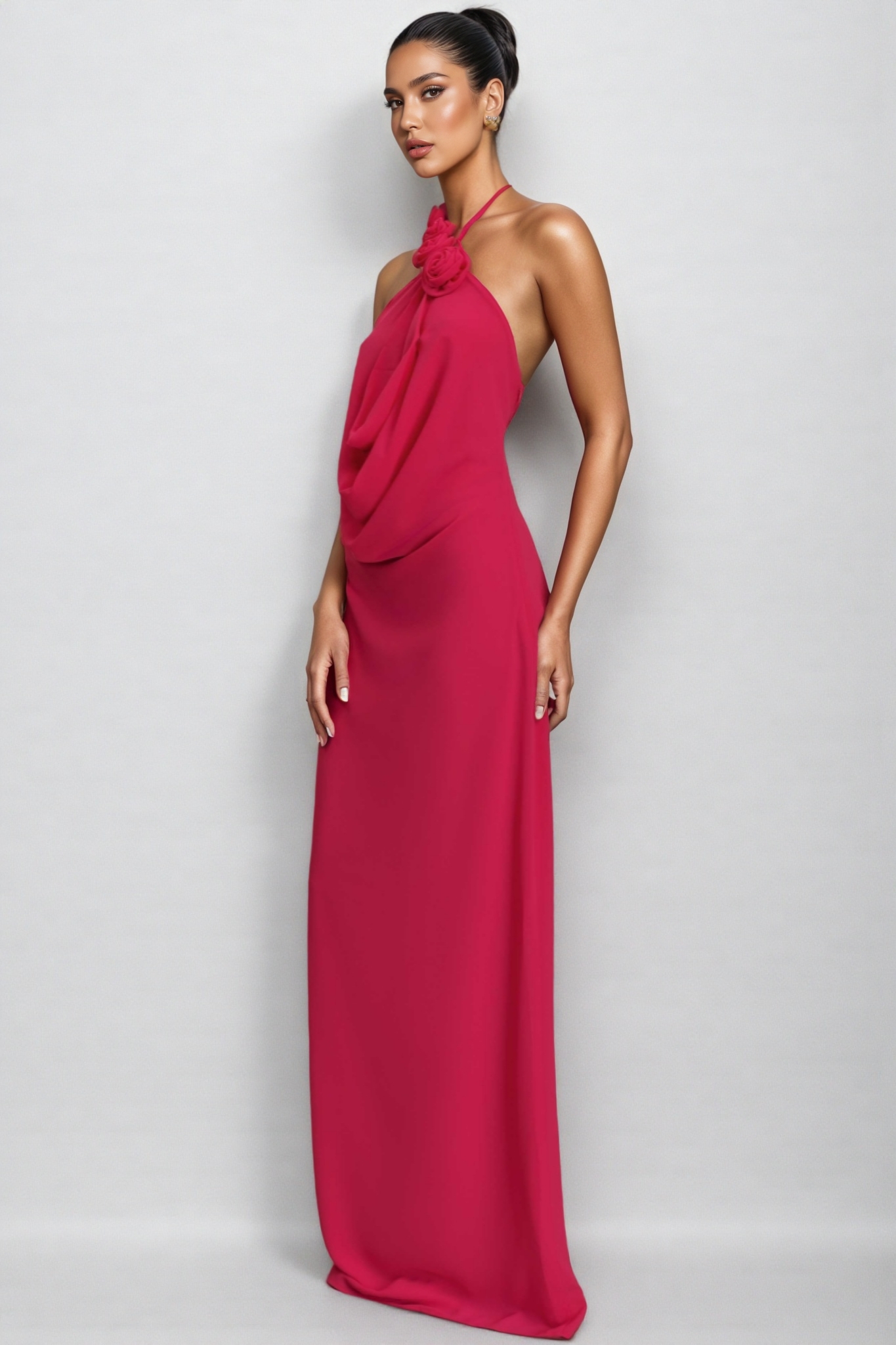 Penel Cowl Neck 3D Flower Maxi Dress