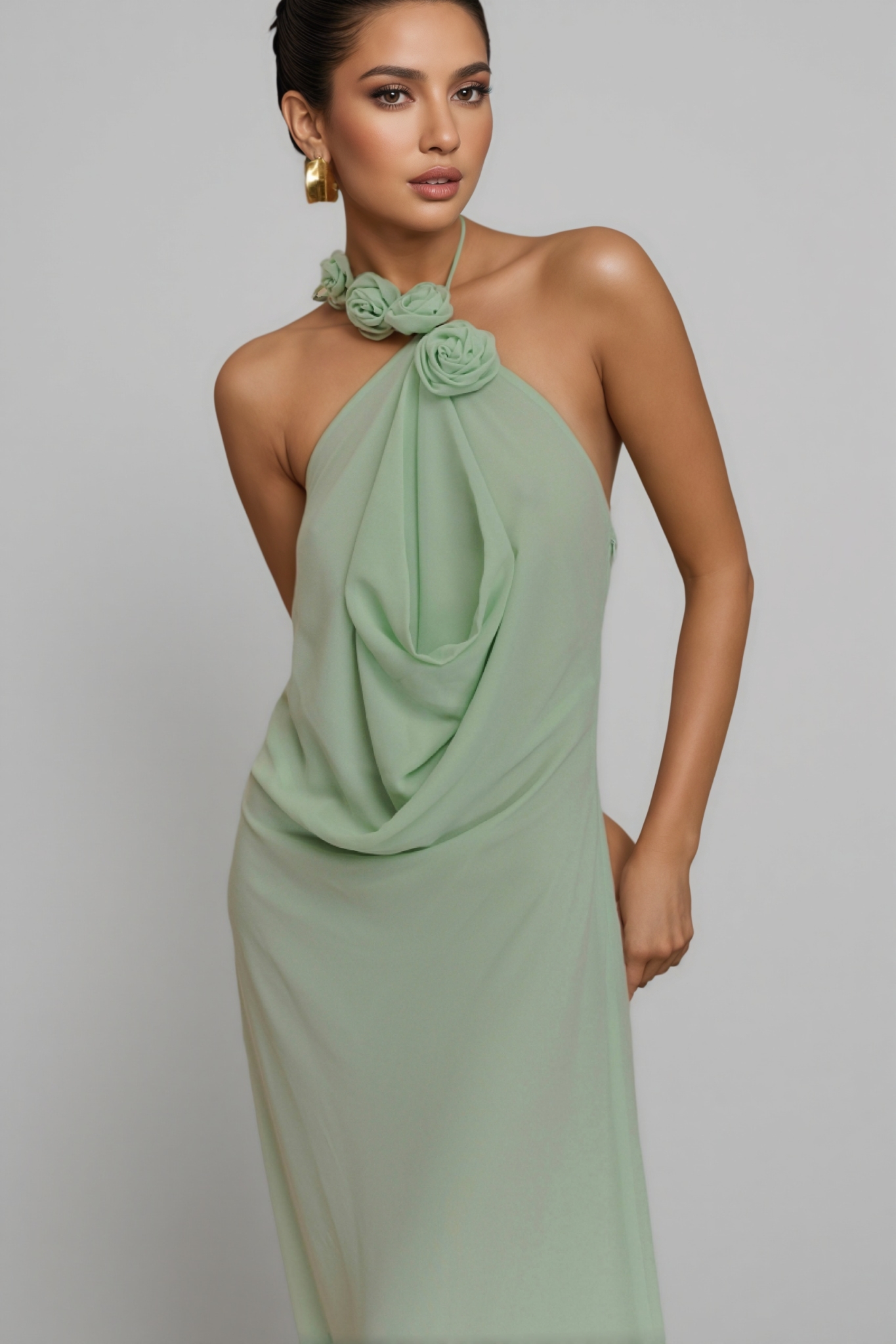 Stellk Green Cowl Neck 3D Flower Maxi Dress