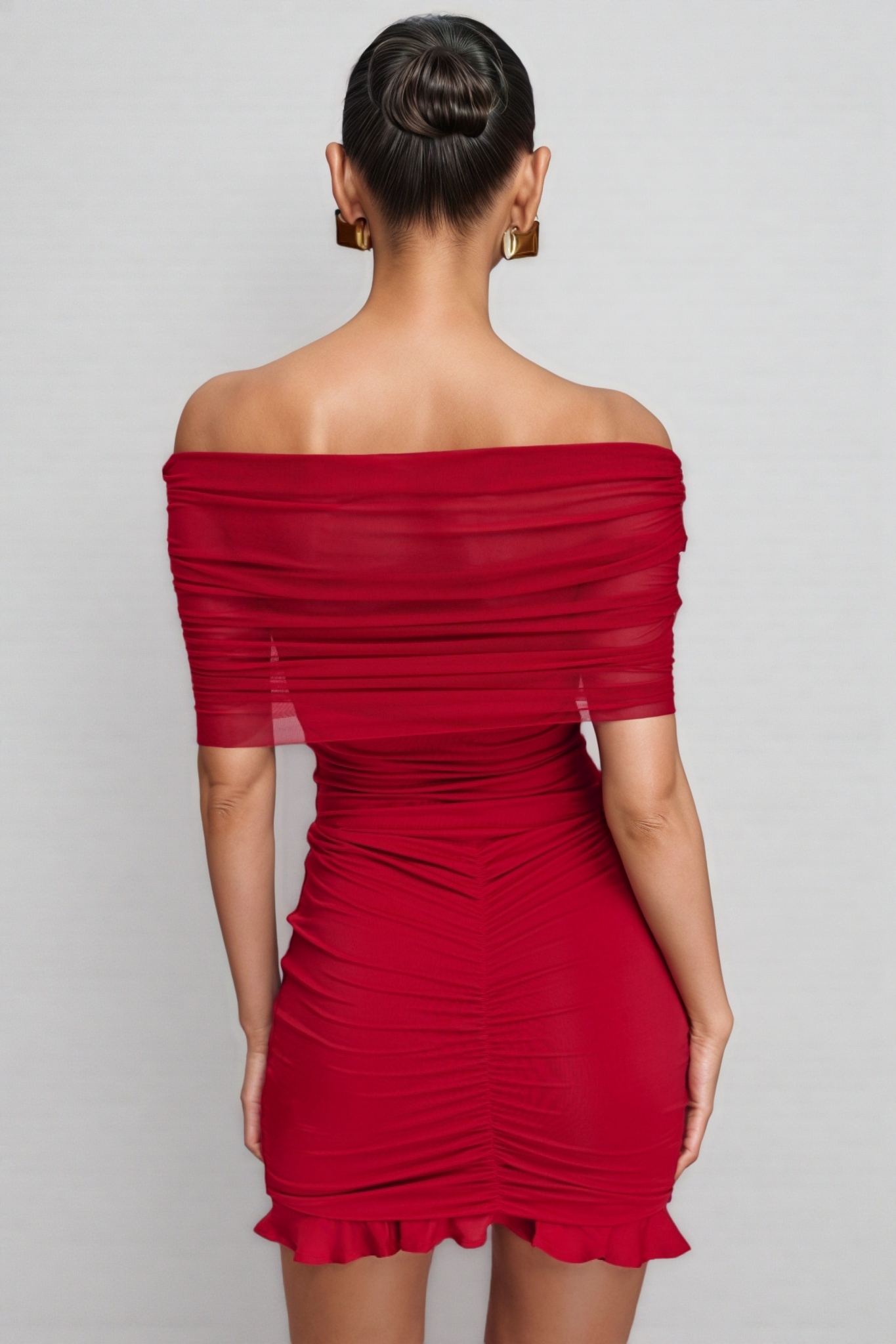 Elisd Red Slinky Mesh Off Shoulder Mini Dress