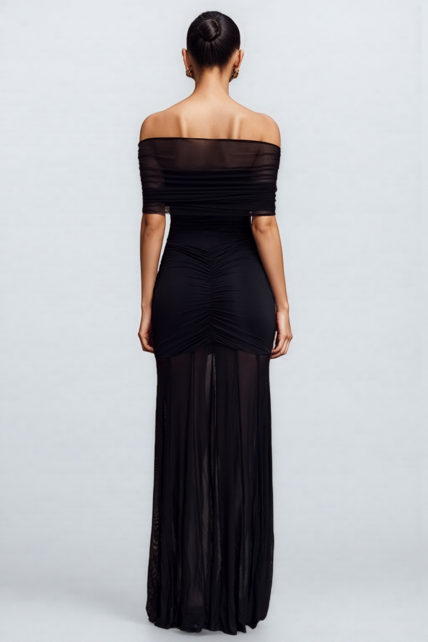 Nivenae Slinky And Mesh Off Shoulder Maxi Dress
