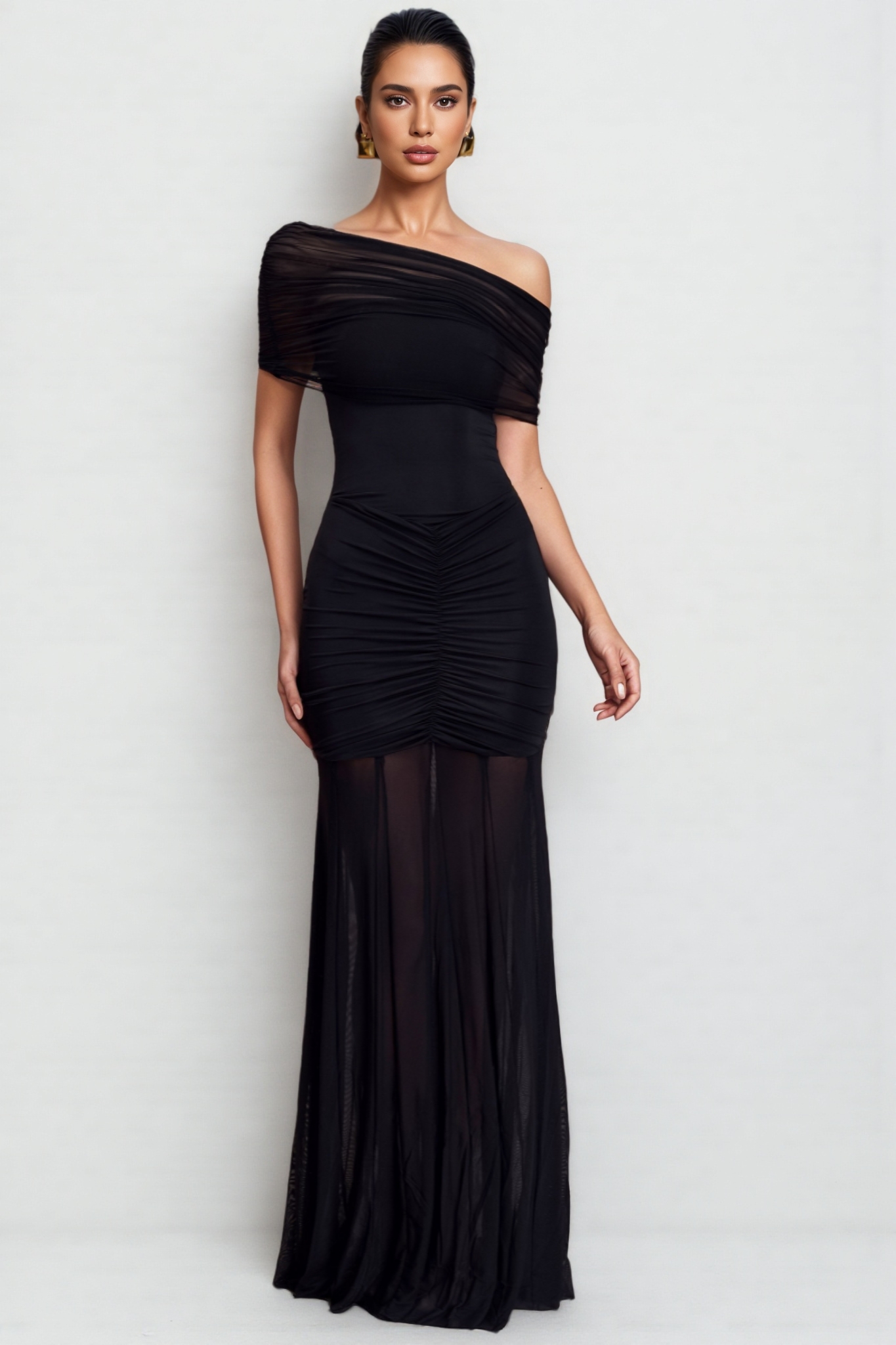 Nivenae Slinky And Mesh Off Shoulder Maxi Dress