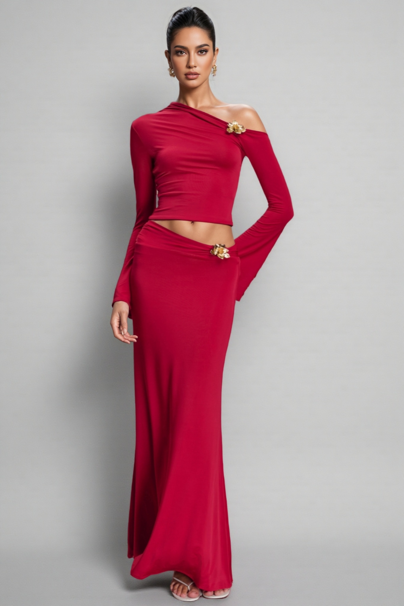 Aurod Slanted Collar 3D Flower Maxi Dress Set