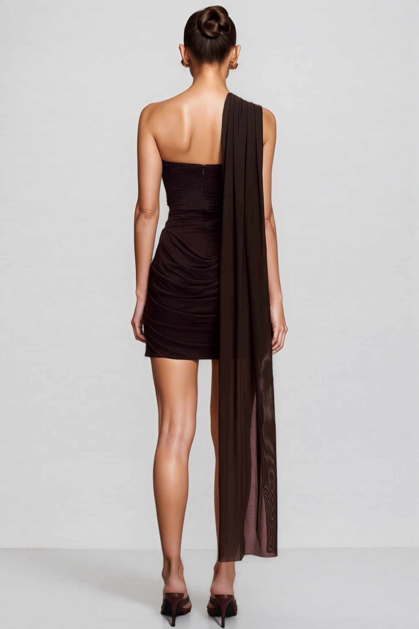 Gevalf Brown Slinky And Mesh Mini Dress