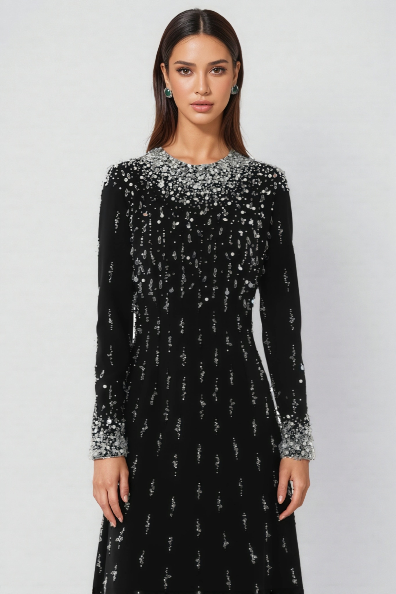 Iontk Long Sleeve Beaded Maxi Dress