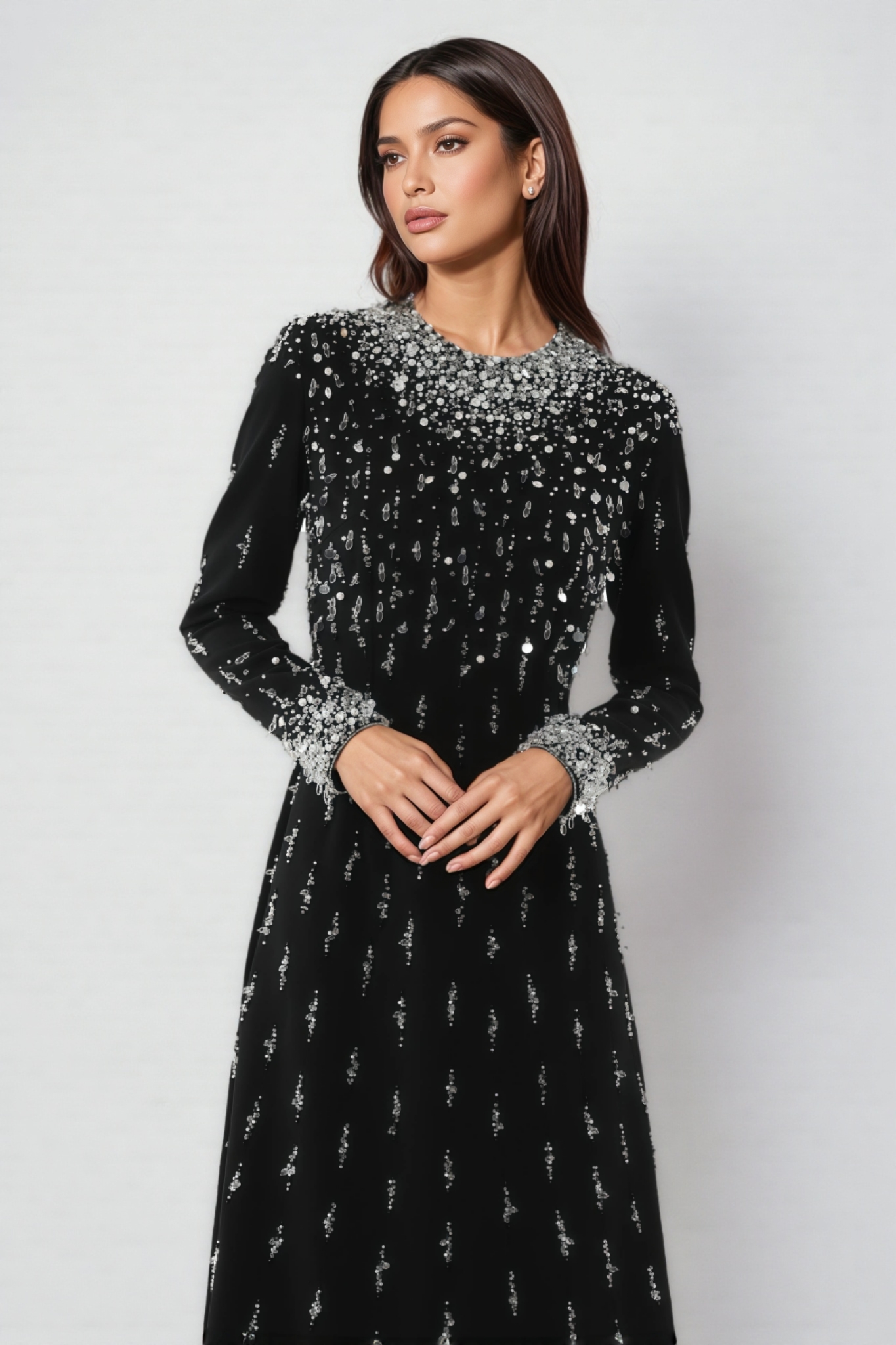 Iontk Long Sleeve Beaded Maxi Dress