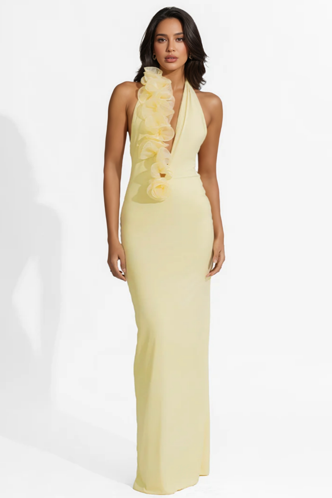 Dakod Yellow 3D Floral Backless Maxi Dress