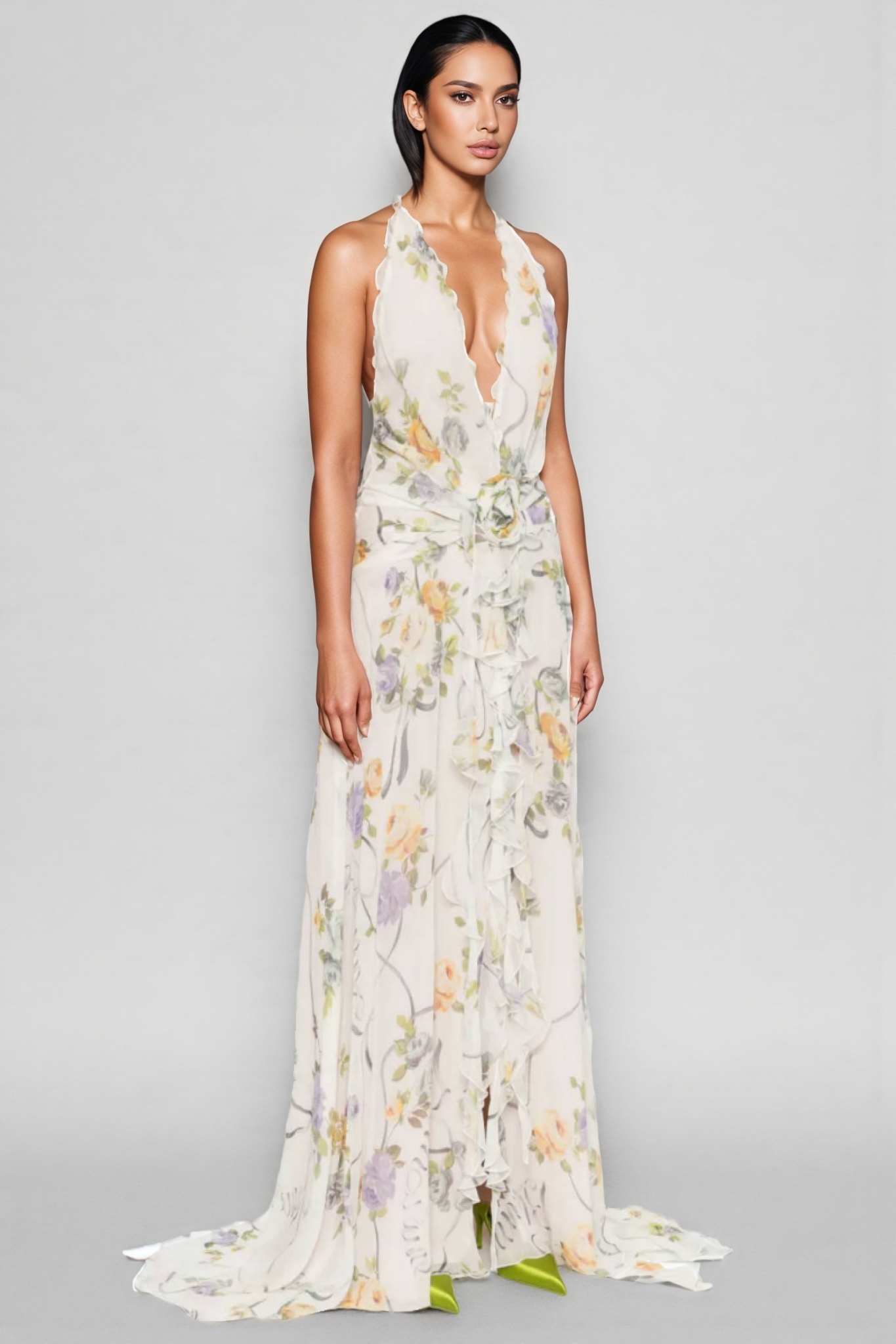 Umbek Floral Print Ruffle Maxi Dress