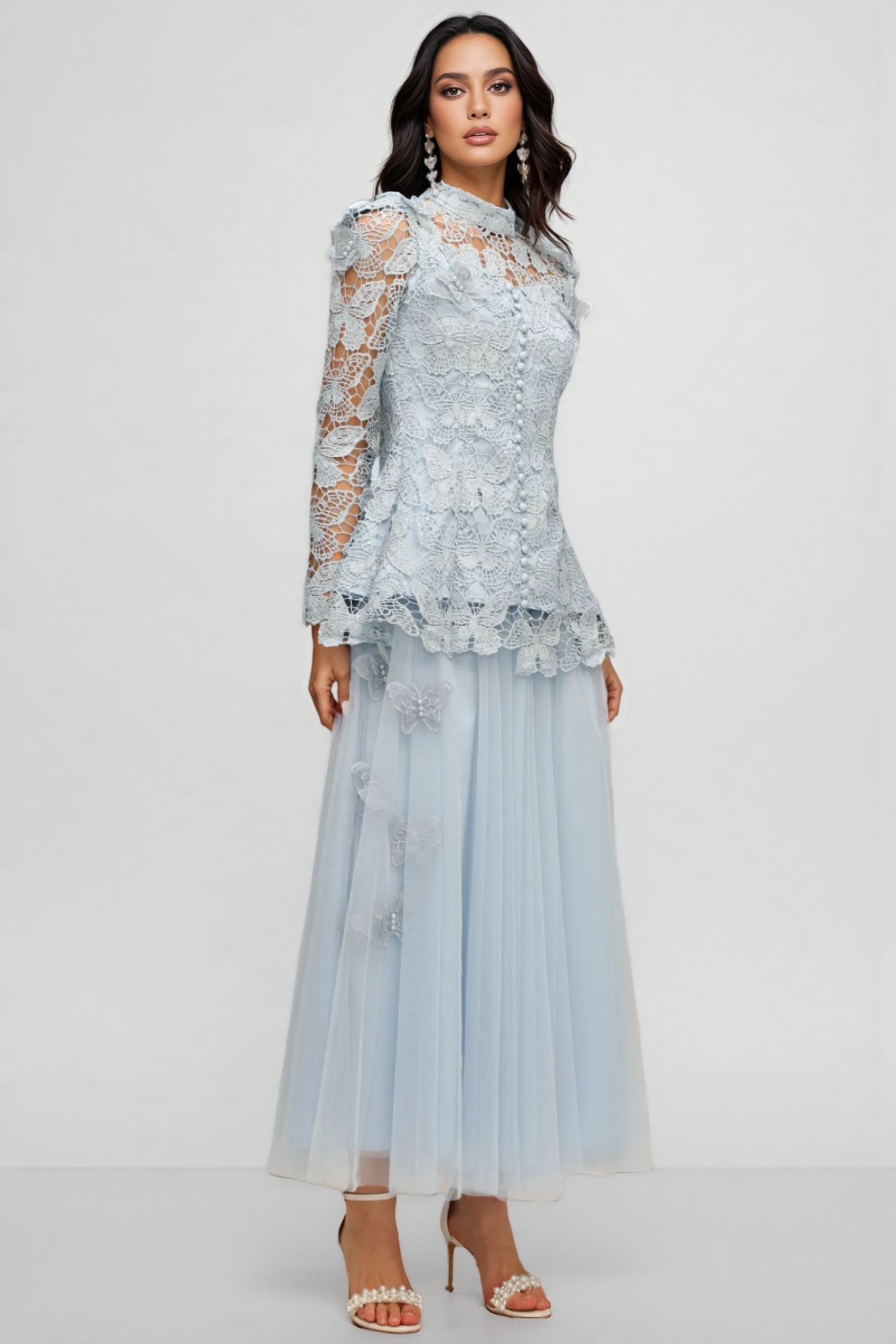 Hurof Folds Lace Butterfly Top Dress Two-Piece Set