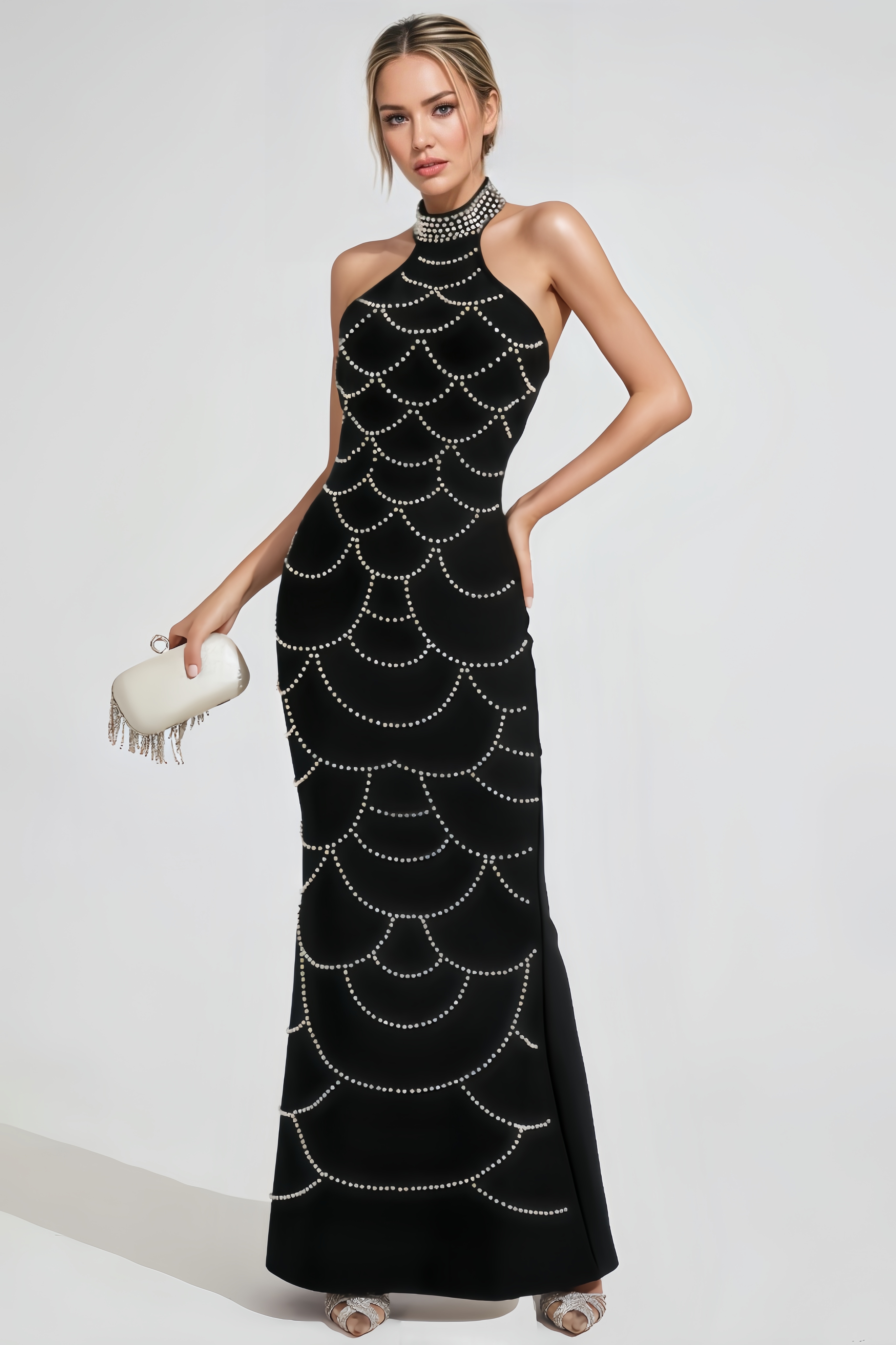 Satu Pearl Halter Bandage Maxi Dress