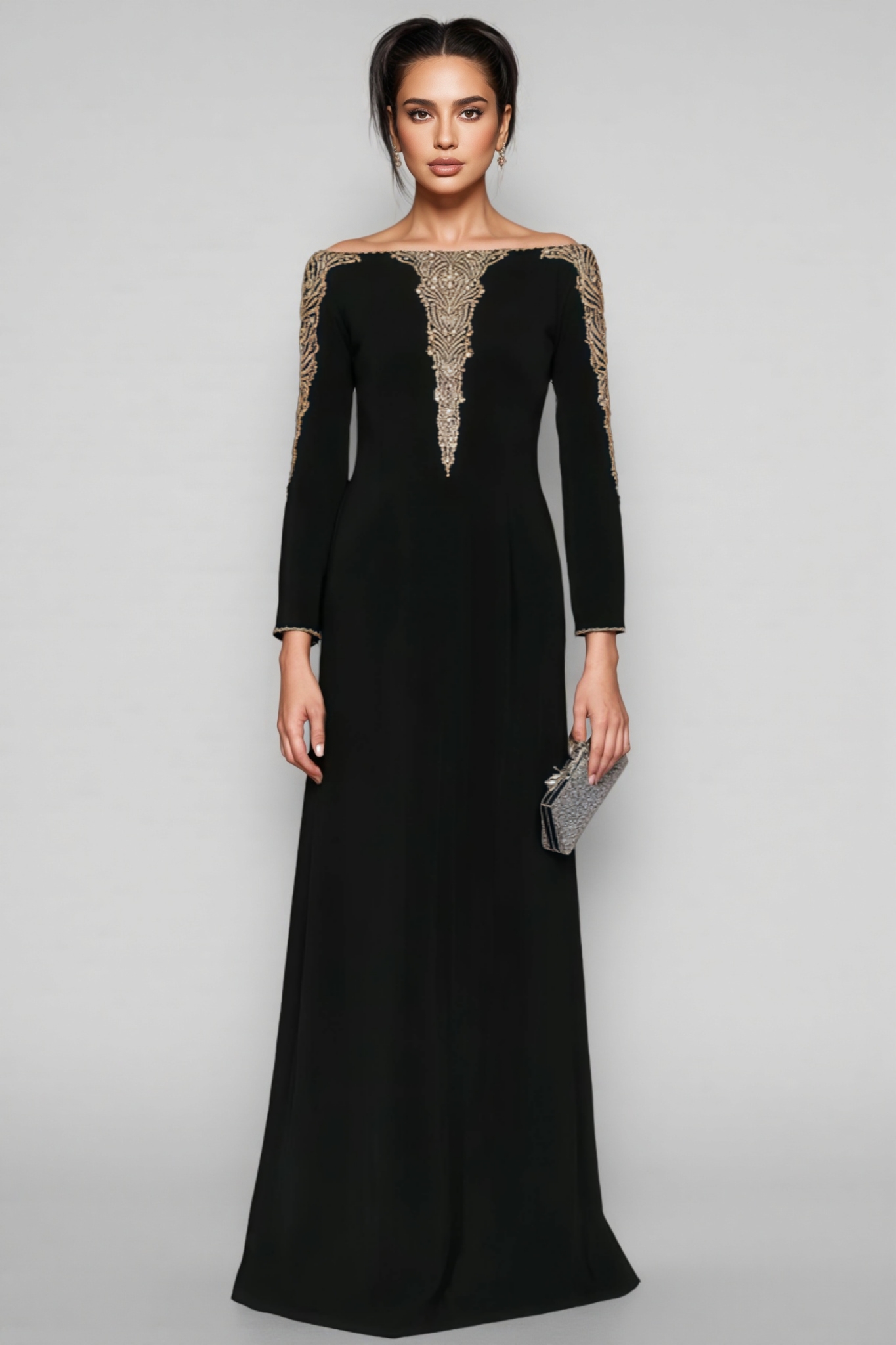 Eiratk Black Beaded Diamond Mesh Maxi Dress