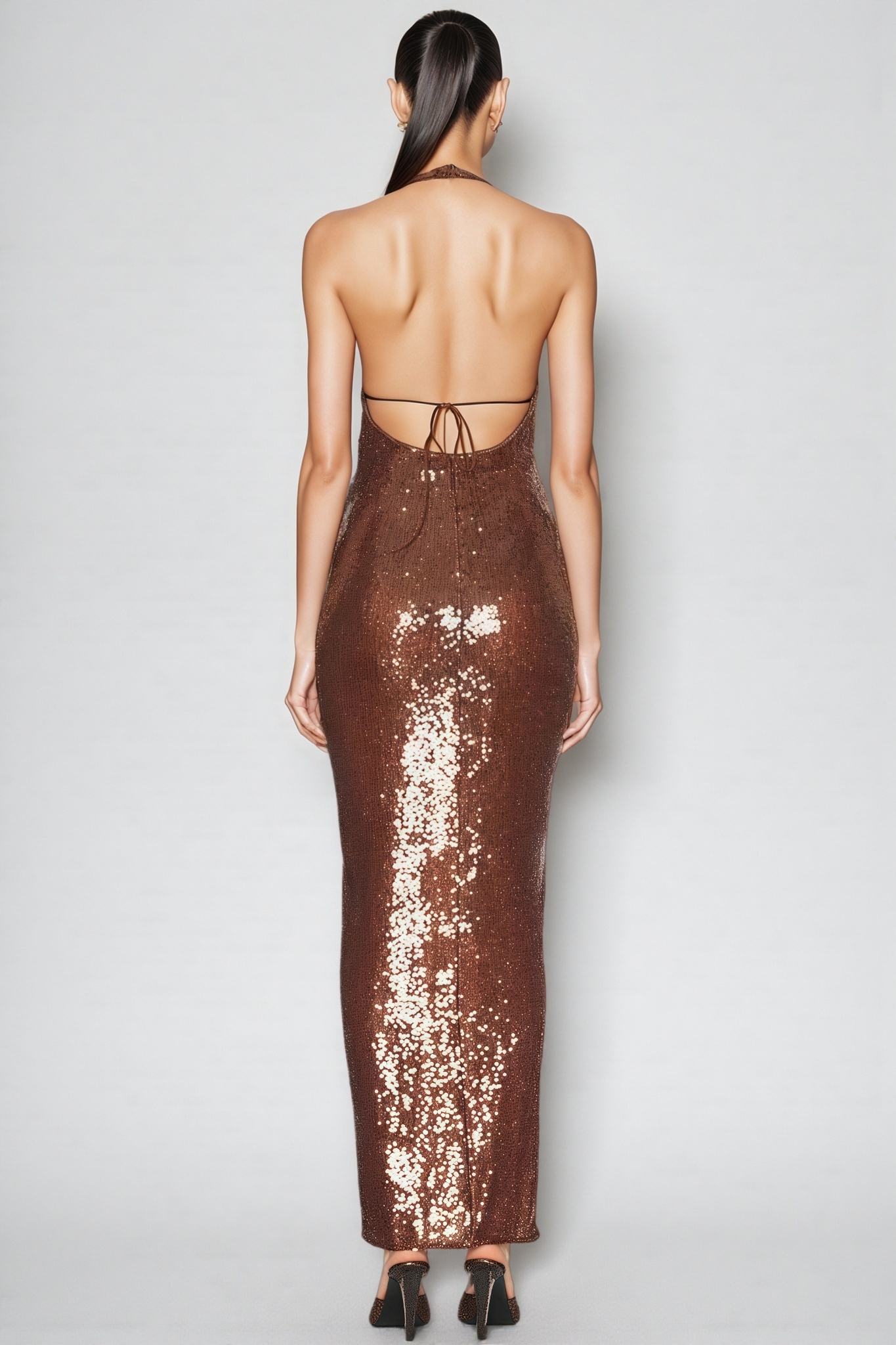 Oriond Brown Backless Sequin Maxi Dress