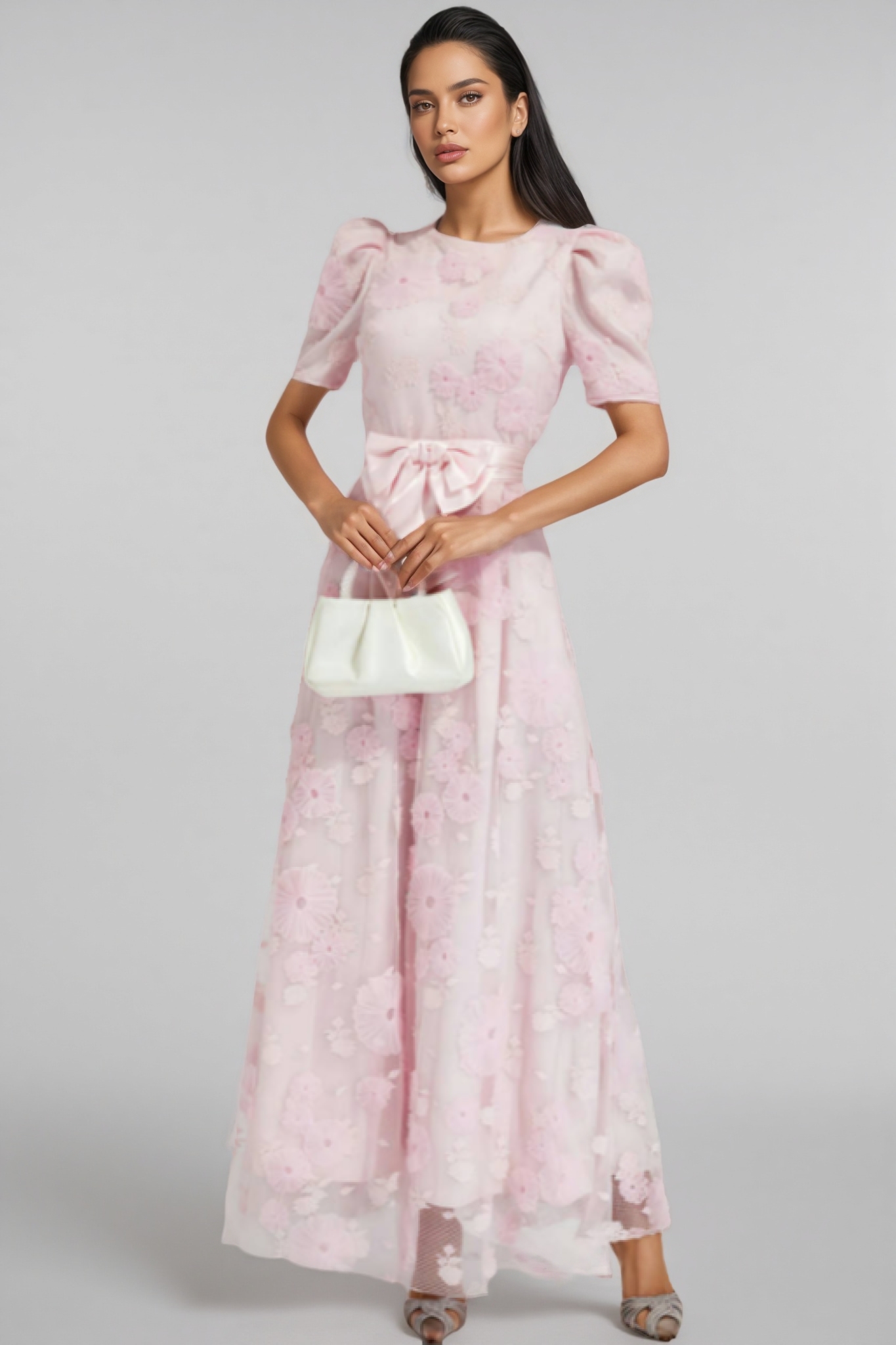 Yelen Pink Bow 3D Flower Maxi Dress